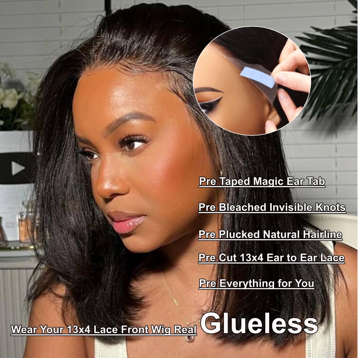 Unice Yaki Straight Short Bob Wig Human Hair Pre Everything Glueless Wig With Ear Tab Tapes 13X4 Lace Front Wigs Human Hair Pre