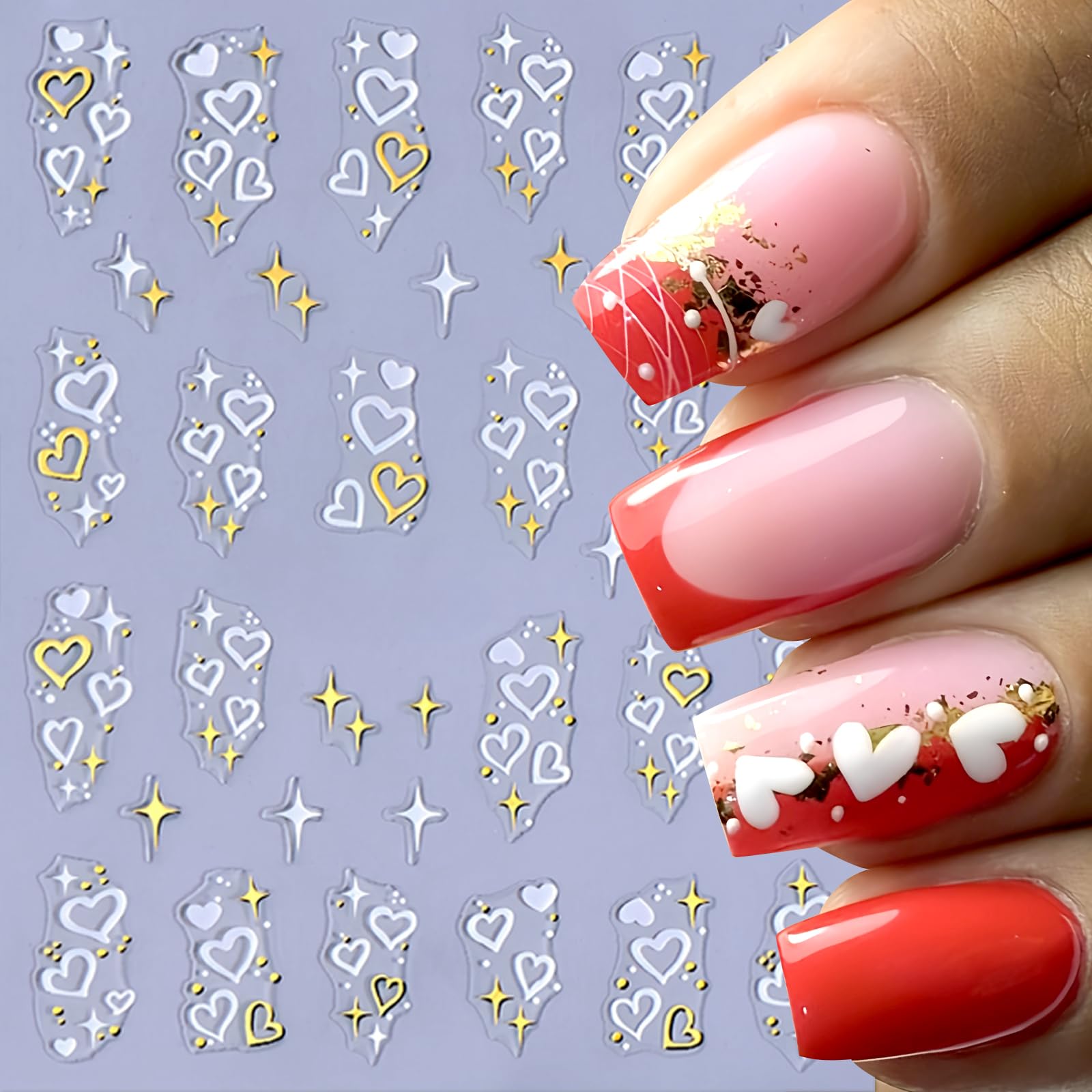 6Pcs Heart Bows Nail Art Stickers Valentine'S Day 3D Self Adhesive Nail Decals Gold Heart Rhinestone Letter Nail Sticker Golden