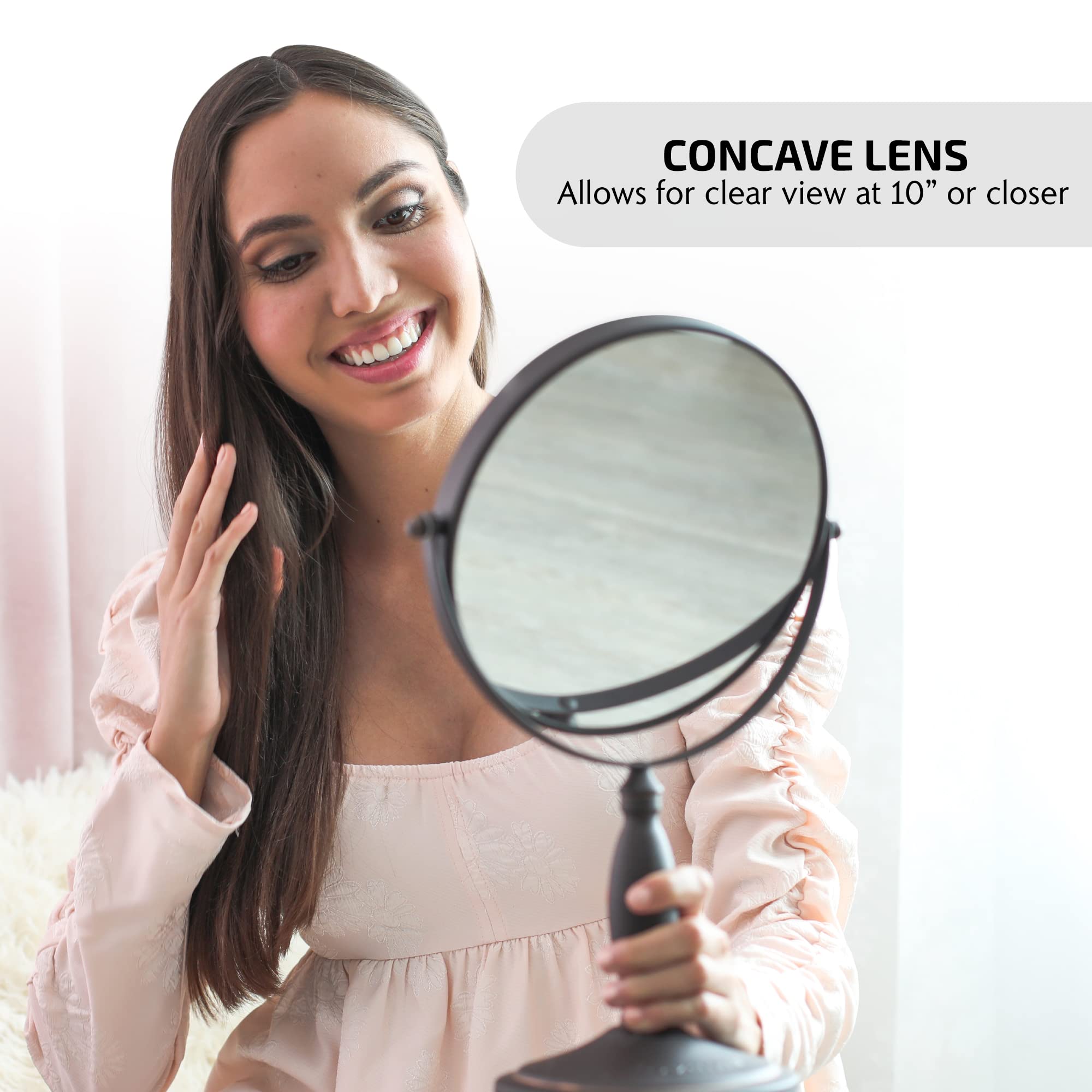 Ovente 8'' Tabletop Makeup Mirror, 1X & 7X Magnification, Adjustable Spinning Double Sided Round Magnifier, Modern D?Or For Offi