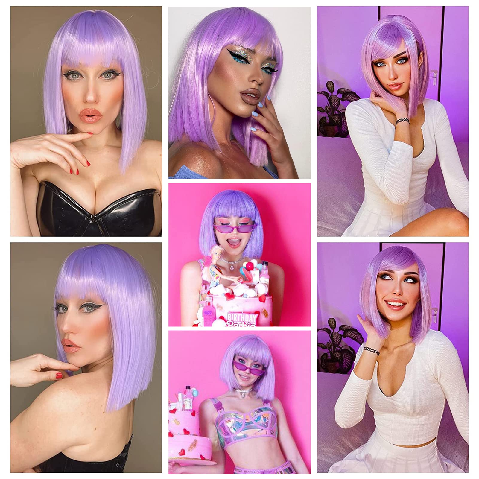 Entranced Styles Lavender Purple Bob Wig Colorful Wigs Heat Resistant Fiber Synthetic Wigs Straight Hair With Bangs For Women Da