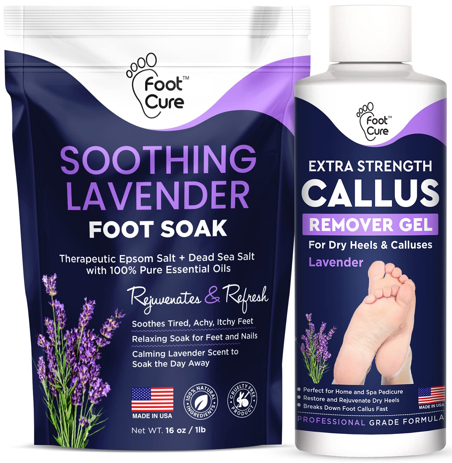 Lavender Foot Soak & Callus Remover Gel Kit - Extra Strength Callus Remover Gel for Feet, Remove Calluses with Epsom Salts, Dry 