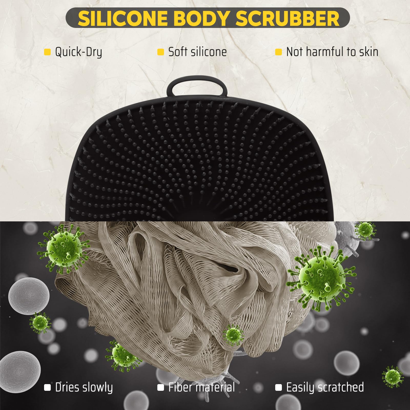 VWMYQ Silicone Loofah, Silicone Body Scrubber New Upgrade Richer Foam and Effective Cleaning, Ergonomic No-Slip Handle, Long-Las