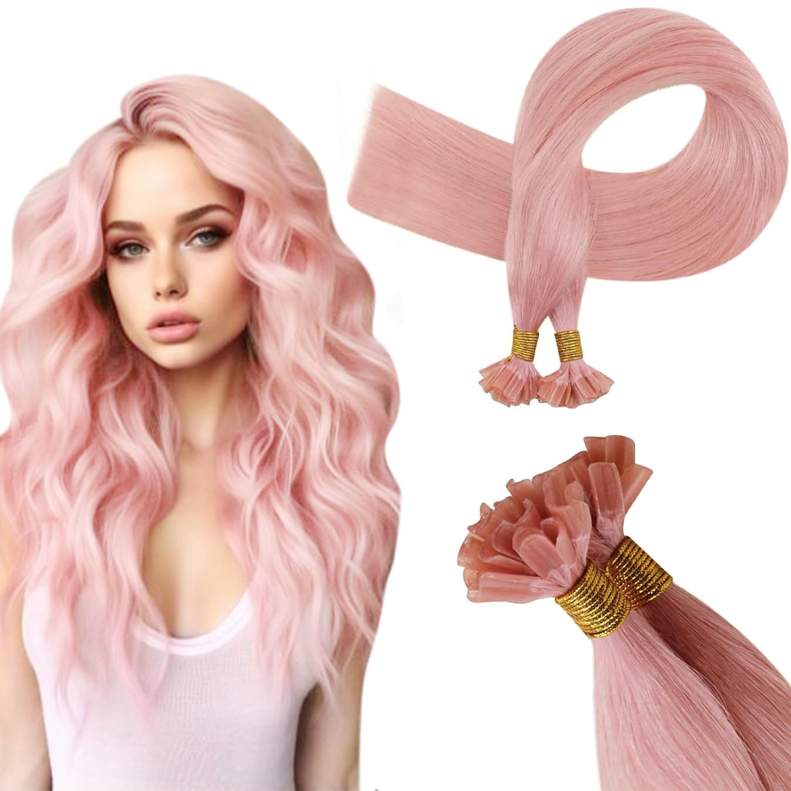 RUNATURE U Tip Hair Extensions Human Hair Pink K Tip Hair Extensions Real Human Hair Soft Straight Ktip Human Hair Extensions Li