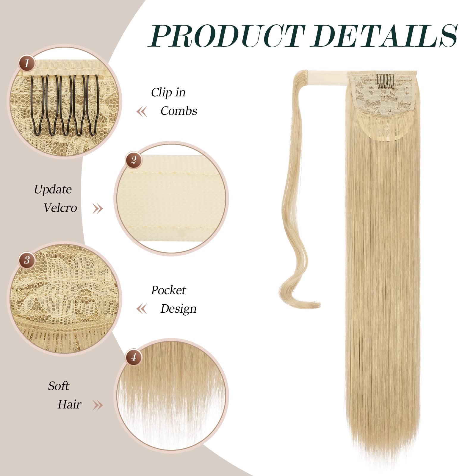 Feshfen Straight Long Ponytail Extensions 24 Inch Ash Blonde Wrap Around Synthetic Ponytails Hair Piece Pony Tail Hair Extension