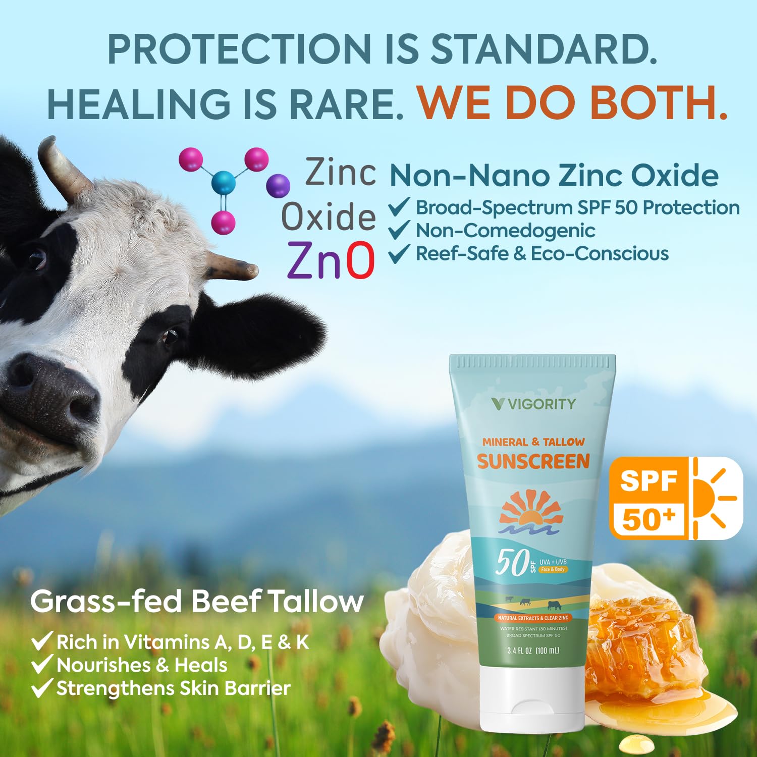Beef Tallow Sunscreen with Zinc Oxide: Natural Non-Toxic SPF 50 Tallow Sunblock Cream for Face & Body - with 10 Food-Grade Botan