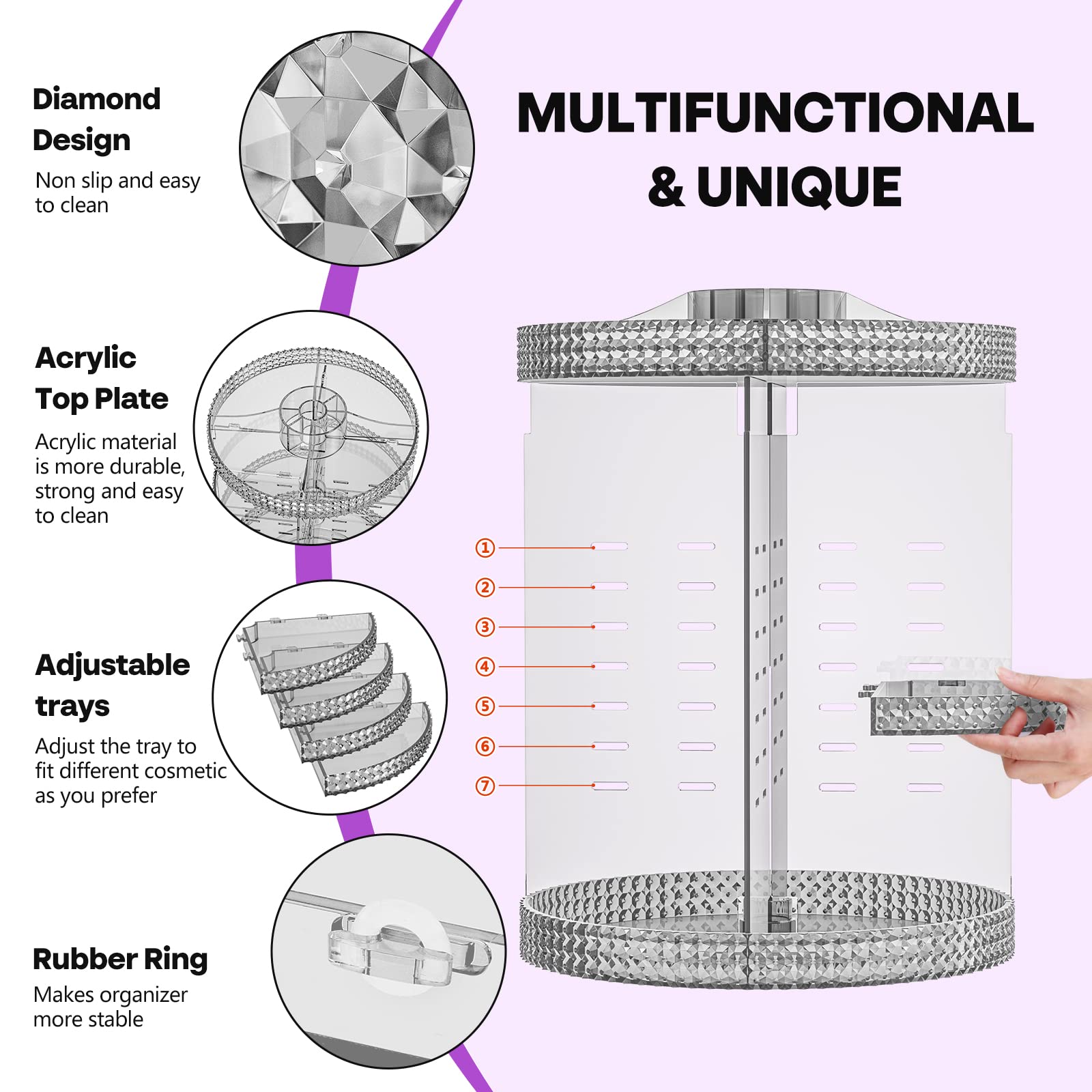 HEMTROY 360 Degree Rotating Makeup Organizer, Extra Large Capacity Cosmetic Storage Unit, Removable DIY 7 Layers Skincare Organi