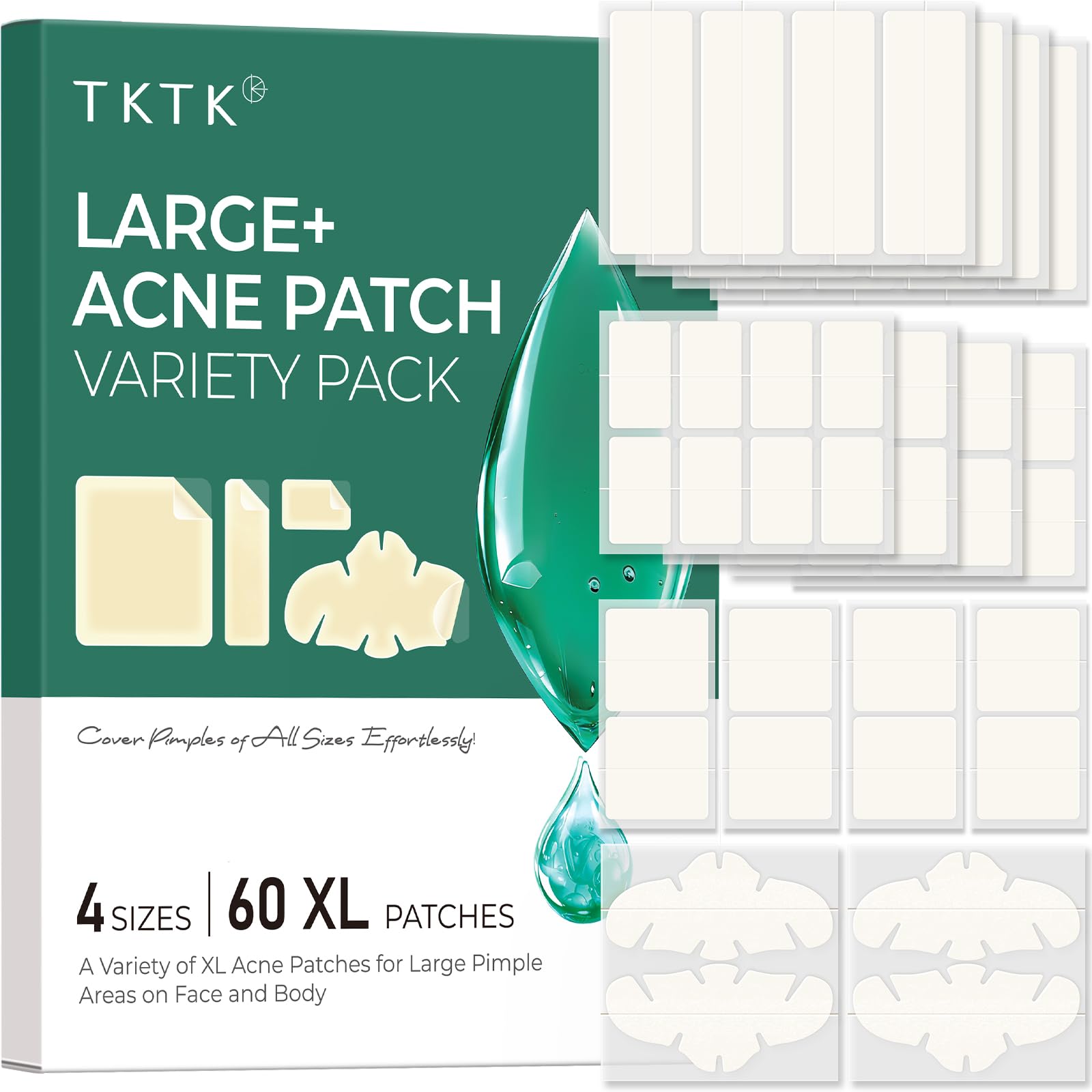 TKTK Large+ Hydrocolloid Pimple Patches for Acne Breakouts, 4 Big Sizes