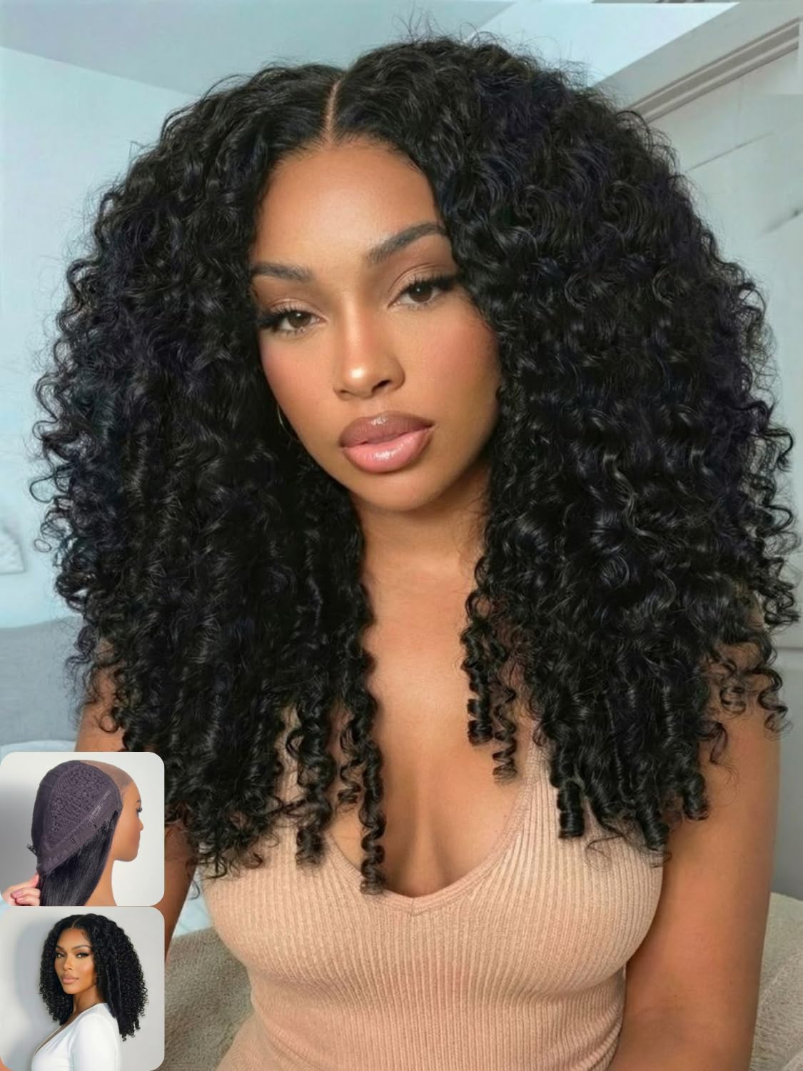Nadula 200% Density Afro Kinky Curly Drawstring Wig Human Hair with Layer Finger Coil Burmese Curly,Glueless No Slip 7x5 Bye Bye