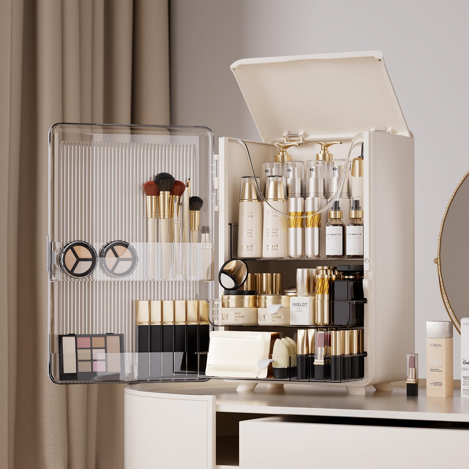 AERCIINC Makeup Organizer with brush organizer for Vanity,Large plastic drawer storage,White bathroom organizers and storage wit