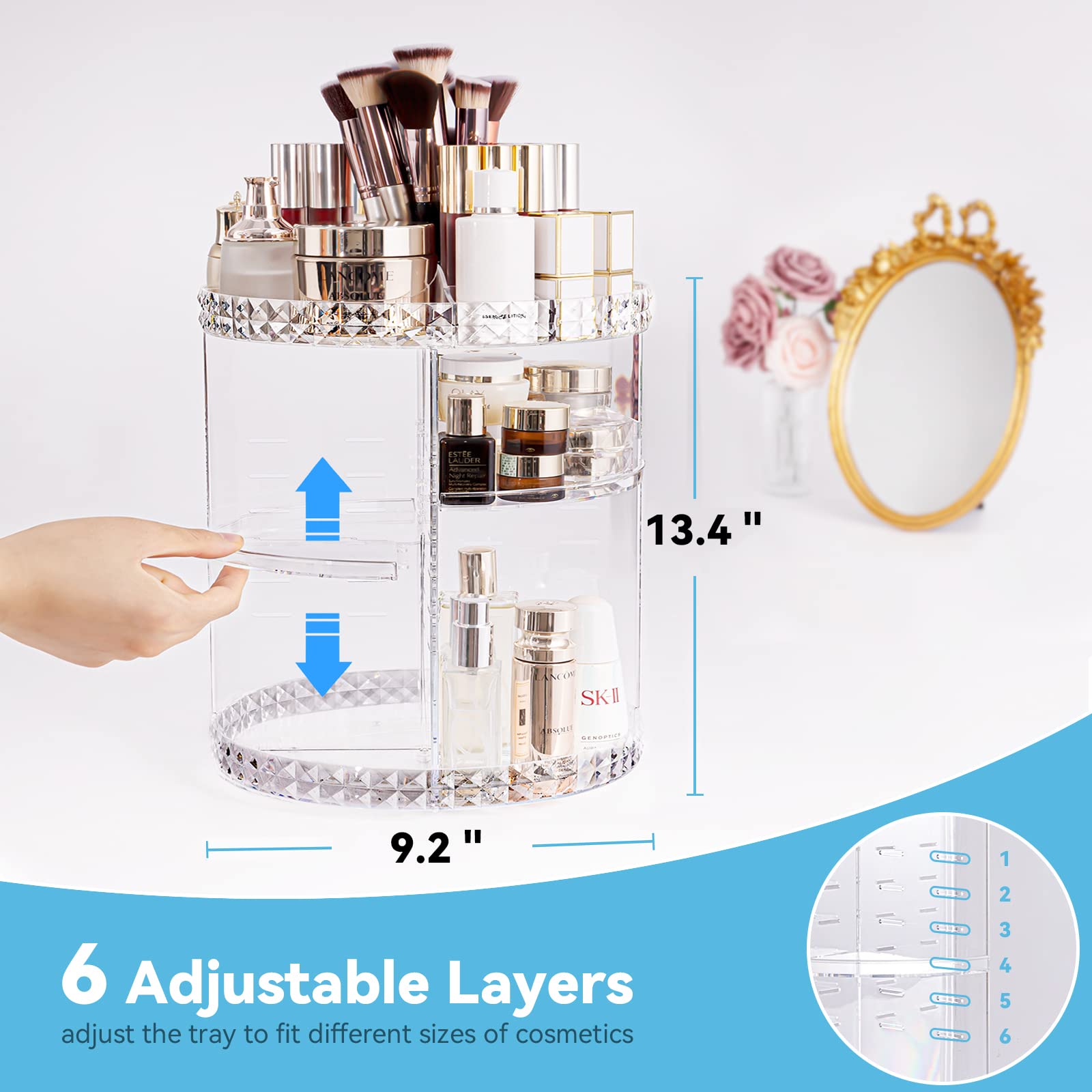 Kingtaily Rotating Makeup Organizer Spinning for Vanity, 360 Rotation with 6 Adjustable Layers, Large Capacity Vanity Skin-care