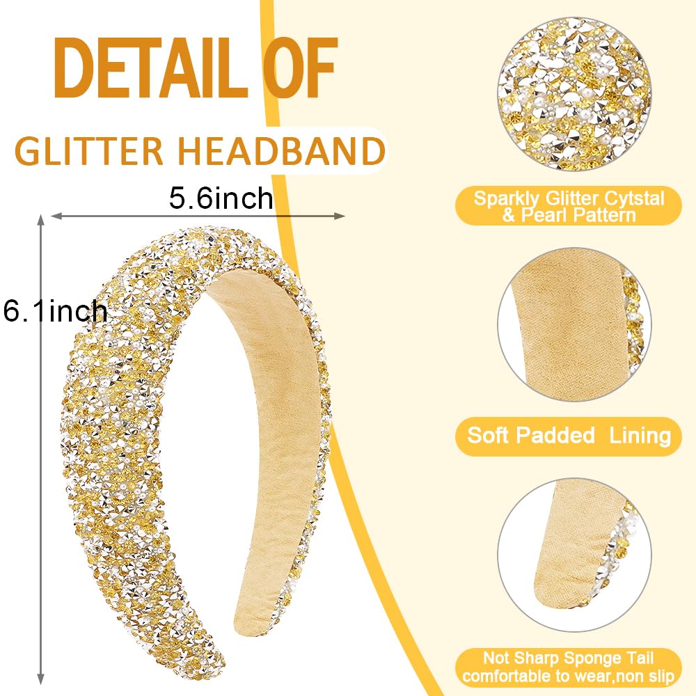 Ahoney 2 Pack Rhinestone Headband Women Thick Padded Headband, Sequin Beaded Pearls Head Band Glitter Cute Headband Birthday Pro