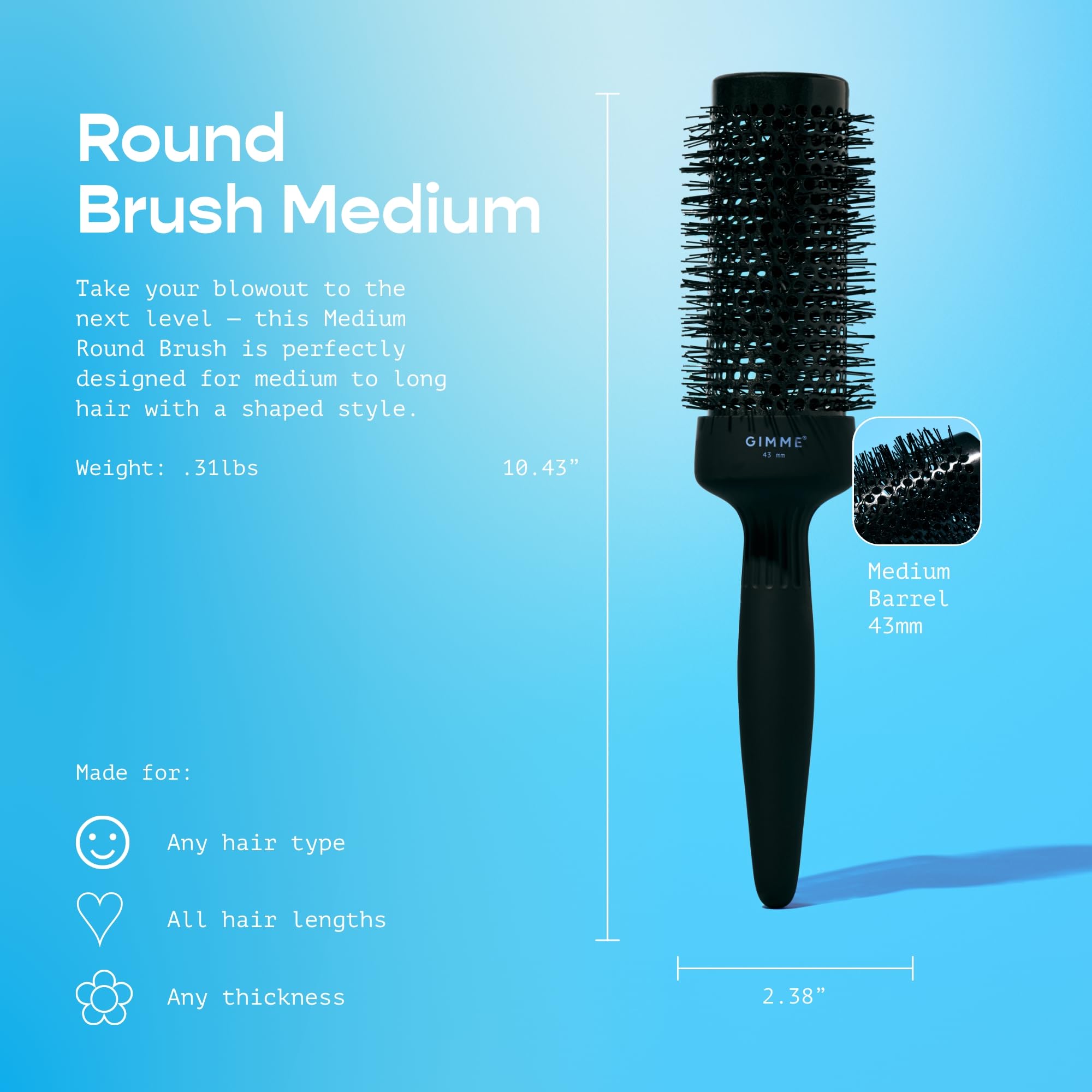 Gimme Beauty Medium Round Brush - Thermal Blow Out Brush for Drying & Curling - Designed with a Barrel Vent & Heat-Resistant Bri