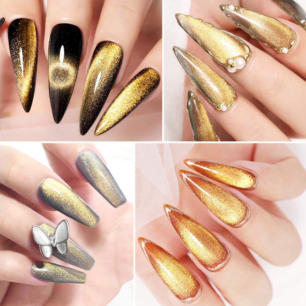 Mizhse Universal Gold Cat Eye Gel Nail Polish, 9D Wide Magnetic Gel Polish With Magnet Stick, 10 Ml Galaxy Effect Bright Glitter