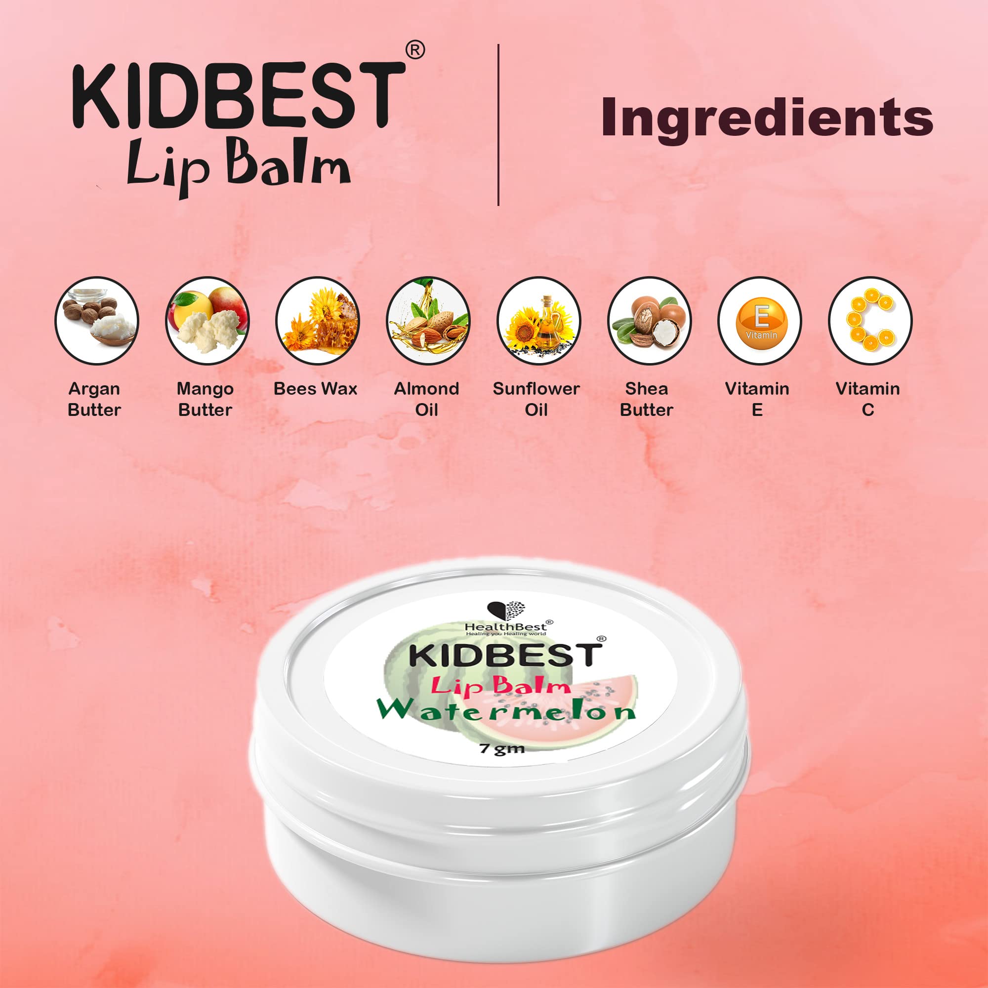 Healthbest Kidbest Lip Balm For Kids, Extra Nourishing, Soothing Lips, Tear, Paraben, Sls Free, Watermelon Flavor, 7Gm, Peach
