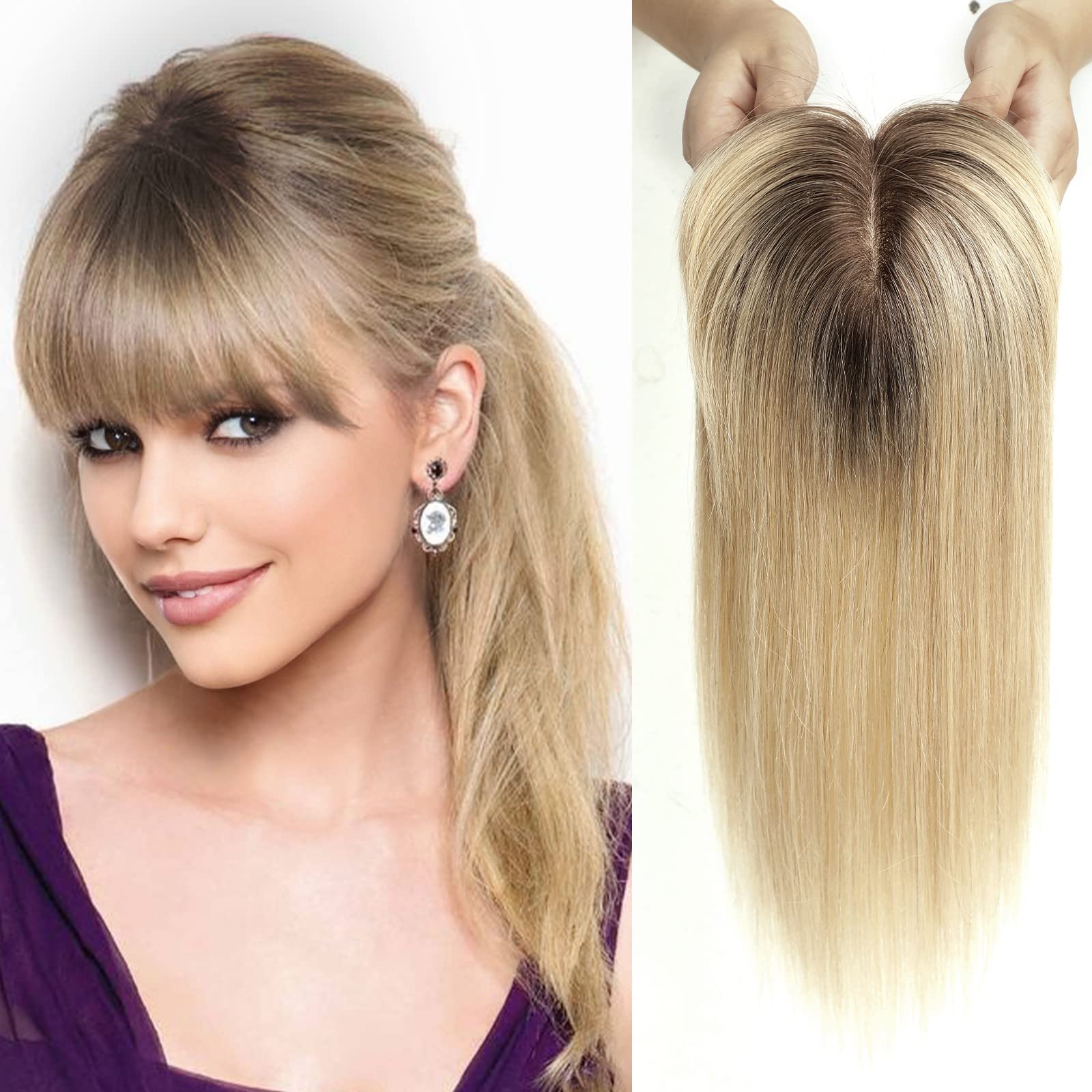 HAIRCUBE Human Hair Toppers For Women, 100% Remy Human Hair Topper With Bangs, 150% Density Silk Base Clip In Topper 14 inch 40g