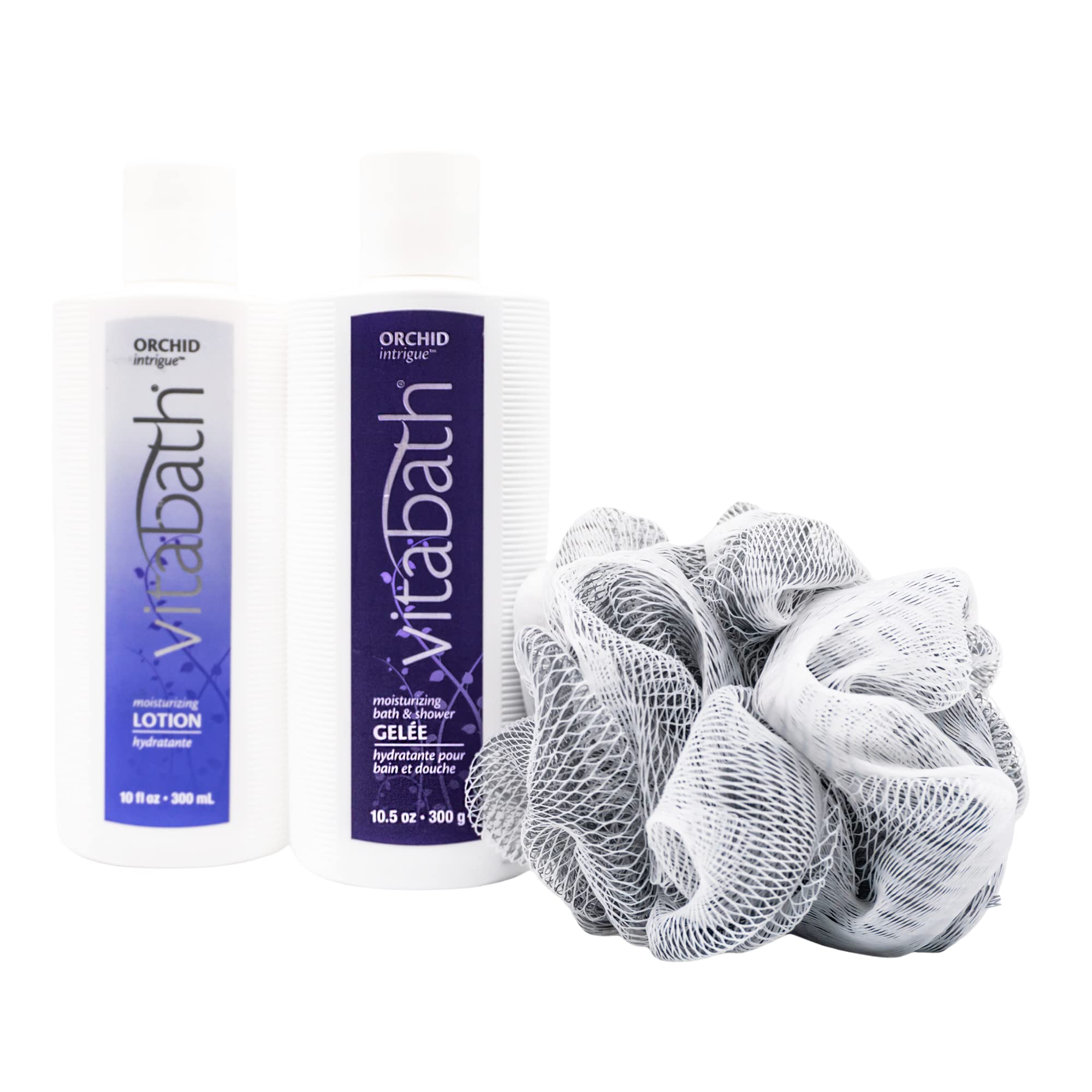Vitabath Orchid Intrigue Everyday Skincare Set Moisturizing Shower Gel Wash, Reviving Lotion & Exfoliating Body Scrubber Pouf -