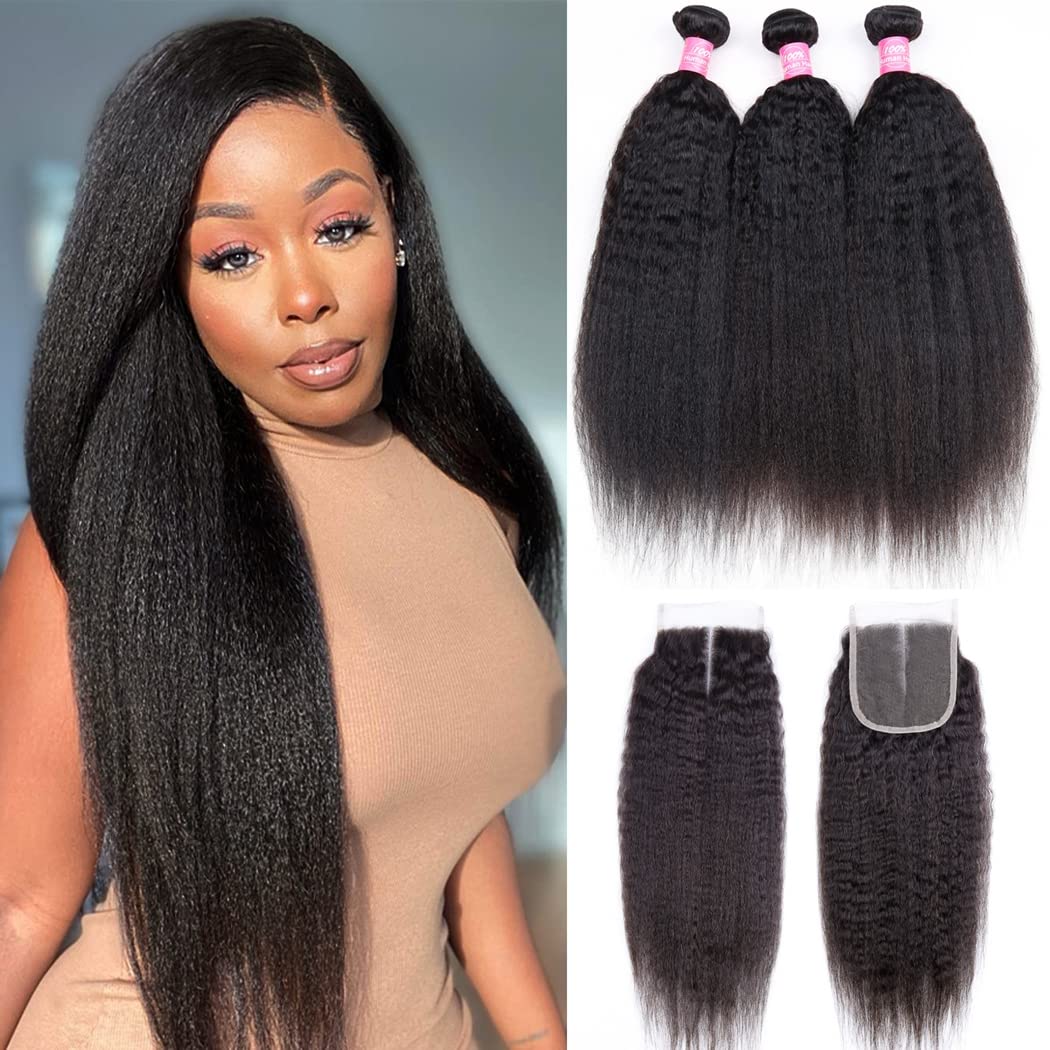 Odir Kinky Straight Bundles with Closure Brazilian Human Hair 18 20 22+16 Inch Unprocessed 9A Yaki Straight Virgin Hair 3 Bundle