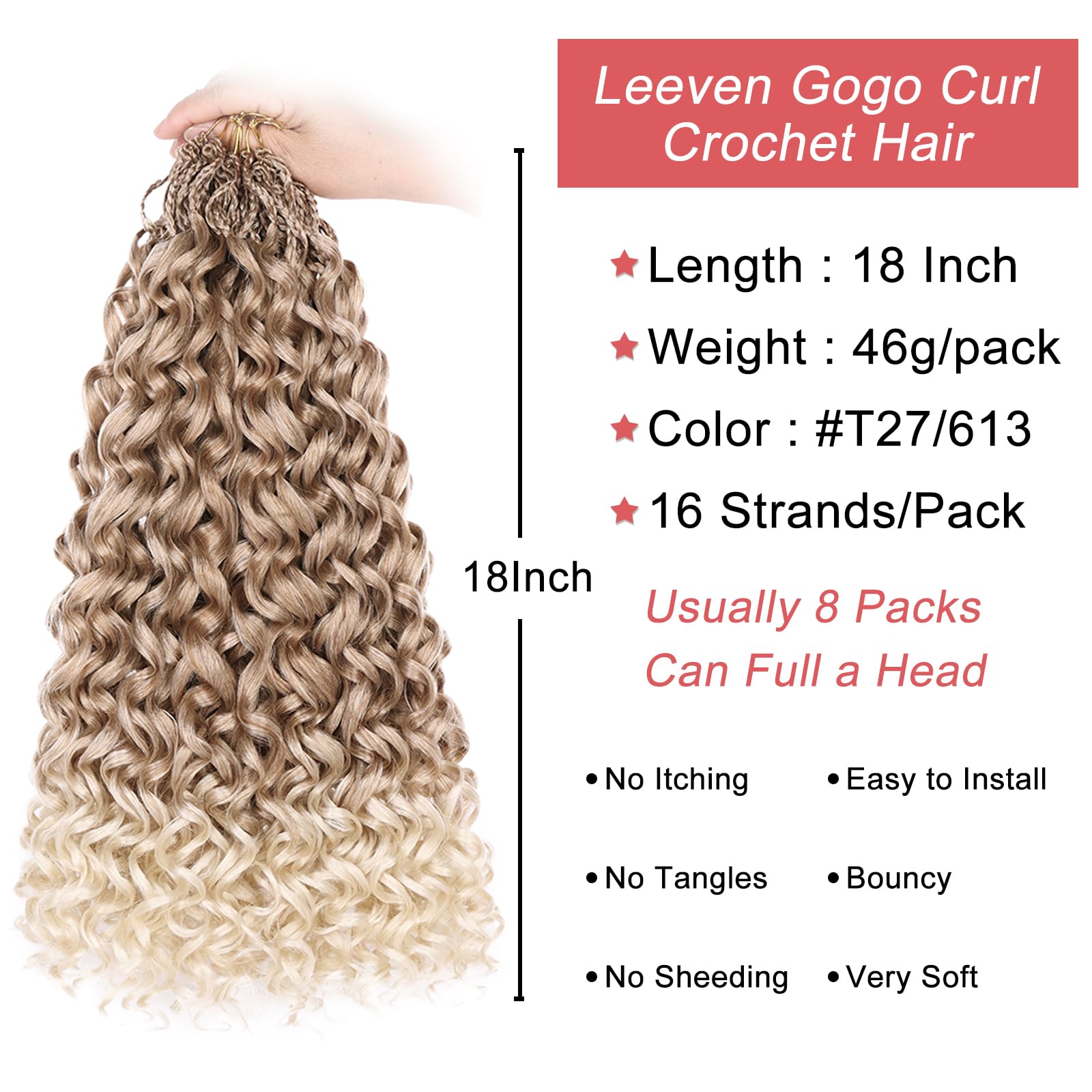 Leeven 18 Inch Gogo Curl Crochet Hair 8 Packs Pre Looped Water Wave Crochet Hair Ombre Blonde Ocean Wave Goddess Box Braids Deep