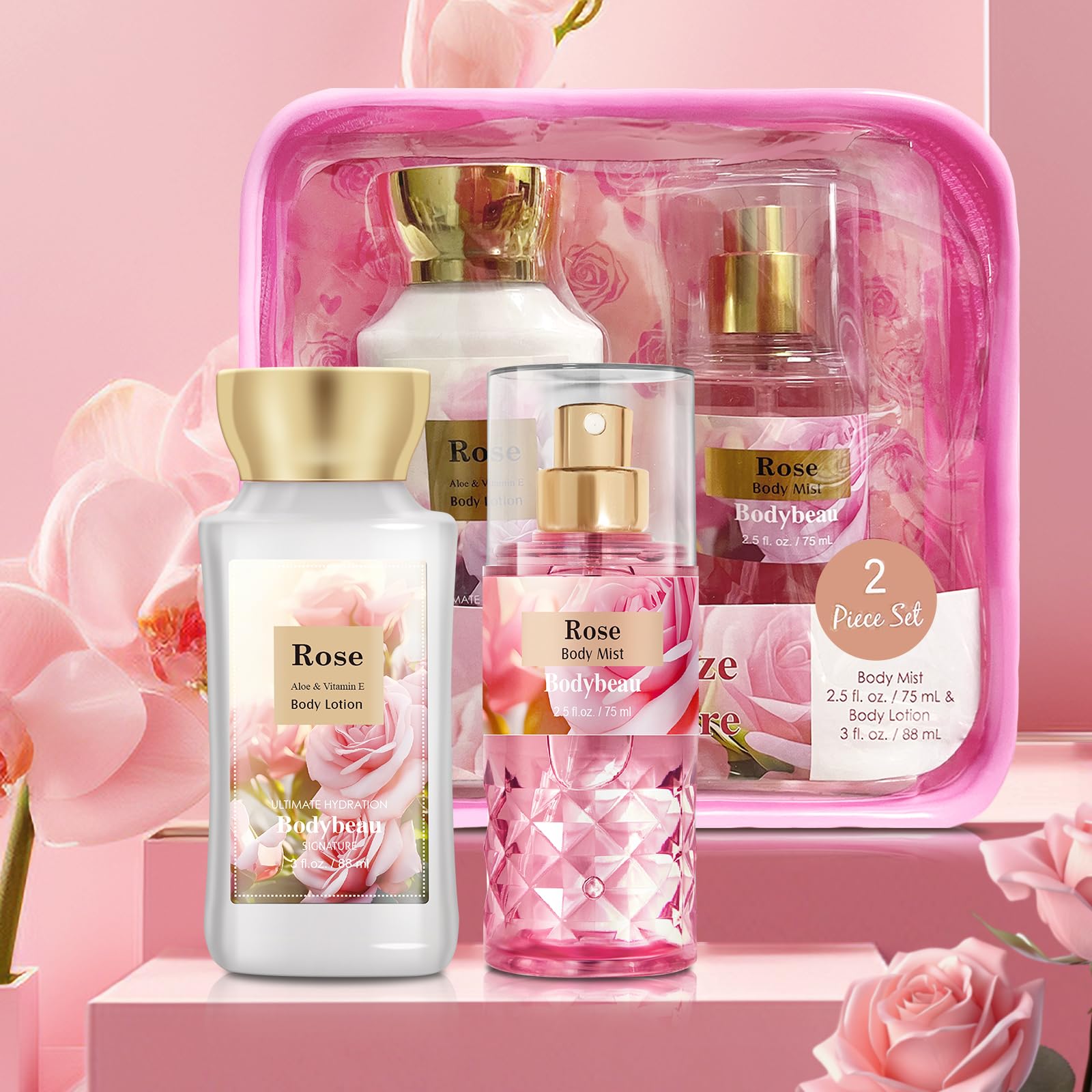 Bath And Body Gift Set For Women & Girls, Rose 2Pcs Set For - Body Lotion, Body Mist, Personal Portable Body Care Travel Set For