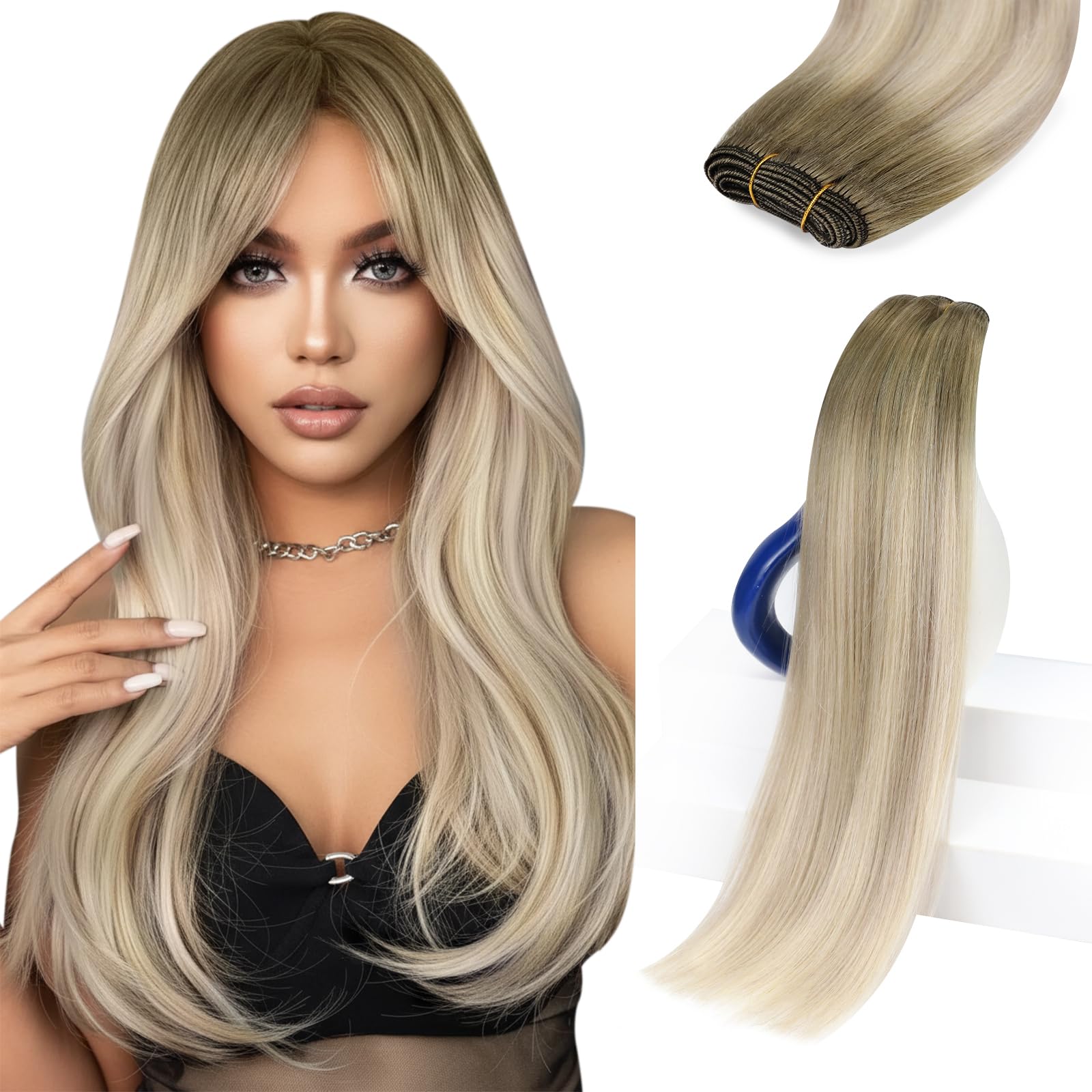 Sunny Hair Sew in Hair Extensions Real Human Hair Ash Blonde Ombre Platinum Blonde Balayage Double-Wefted Bundles Invisible Full