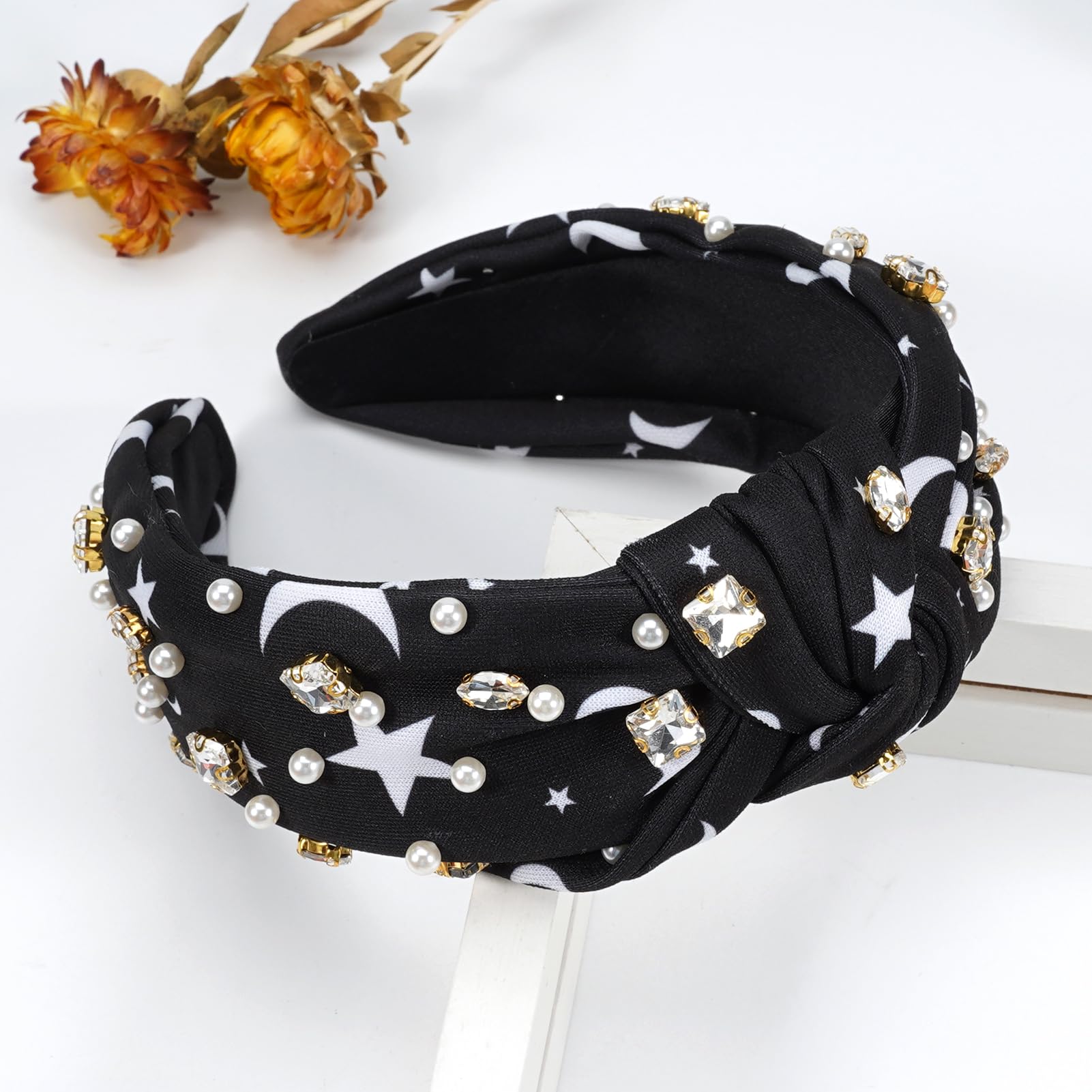 Moon Star Headbands For Women Girls Halloween Rhinestone Elastic Wide Headbands Black White Hair Accessories Embellished Jeweled