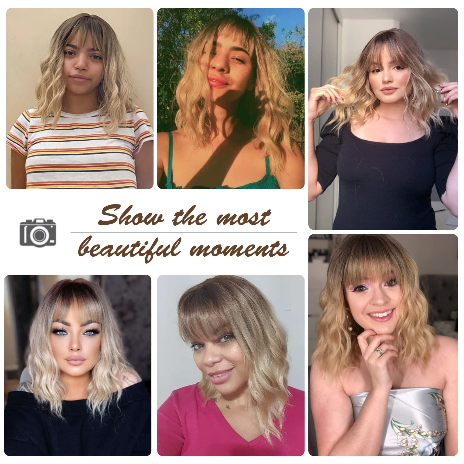 HAIRCUBE Short Blonde with Dark Roots Curly Wigs With Bangs,Wavy Bob Wigs for Women Heat Resistant Synthetic Wigs