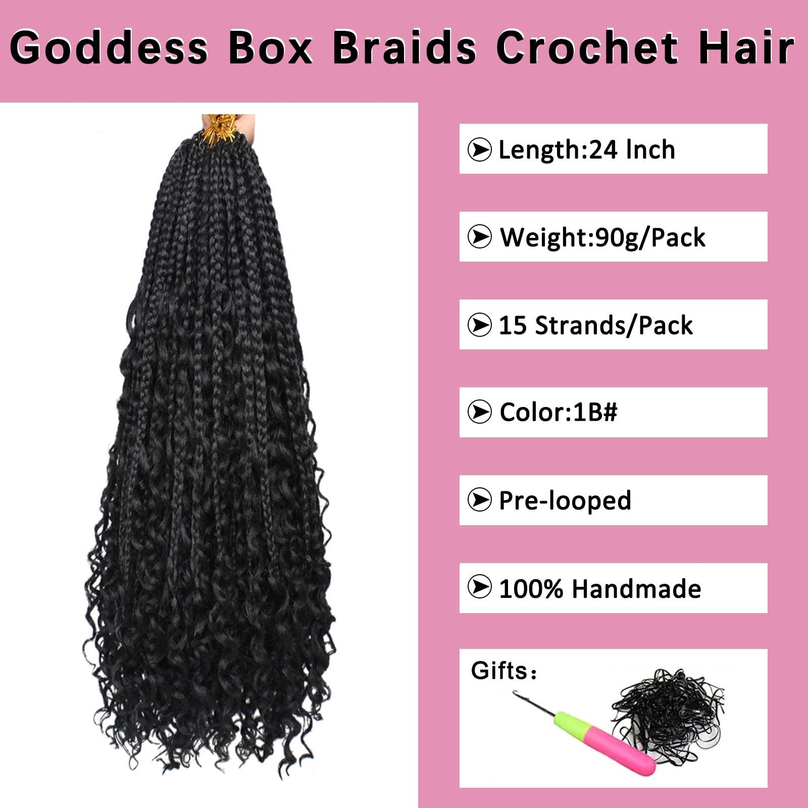 Cookoo 24 Inch Goddess Box Braids Crochet Hair For Black Women 8 Pack Bohemian Hippie Box Braids Pre-Looped Crochet Hair With Cu