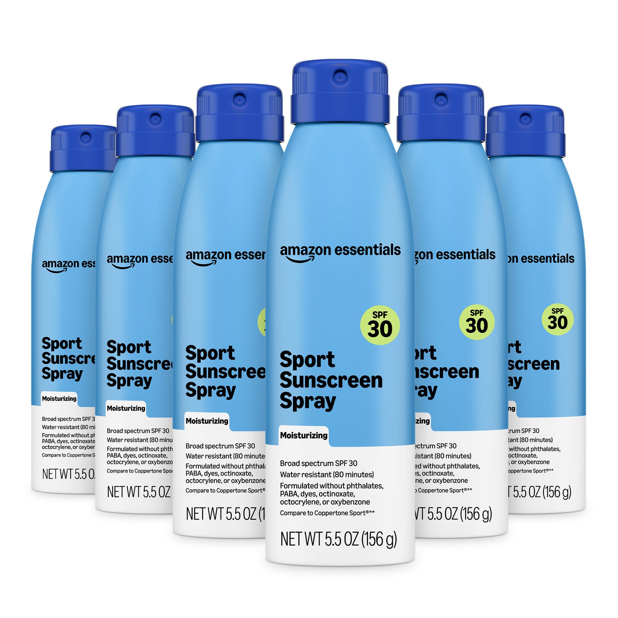 Amazon Essentials Sport Sunscreen Spray, SPF 30, Moisturizing, Water Resistant 80 Minutes, 5.5 oz, Pack of 6