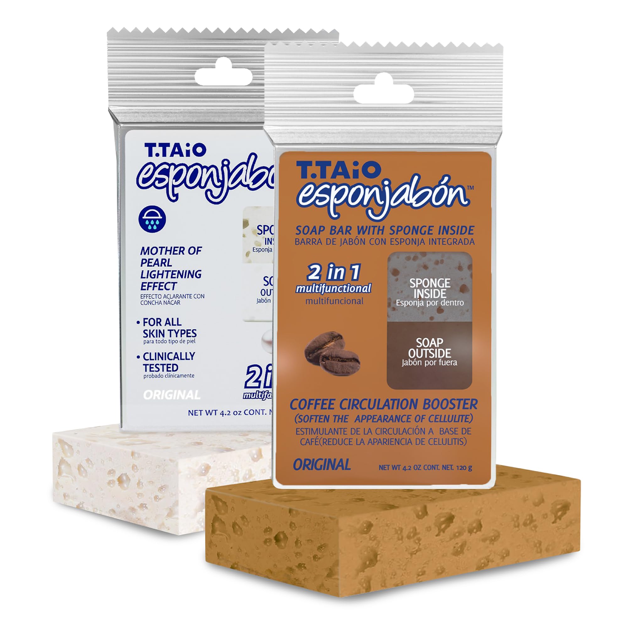 T.Taio Esponjabon Mother Of Pearl And Coffee Soap Sponges - Shower Scrubbers That Remove Oil And Dirt - Sponges To Scrub Foot, E