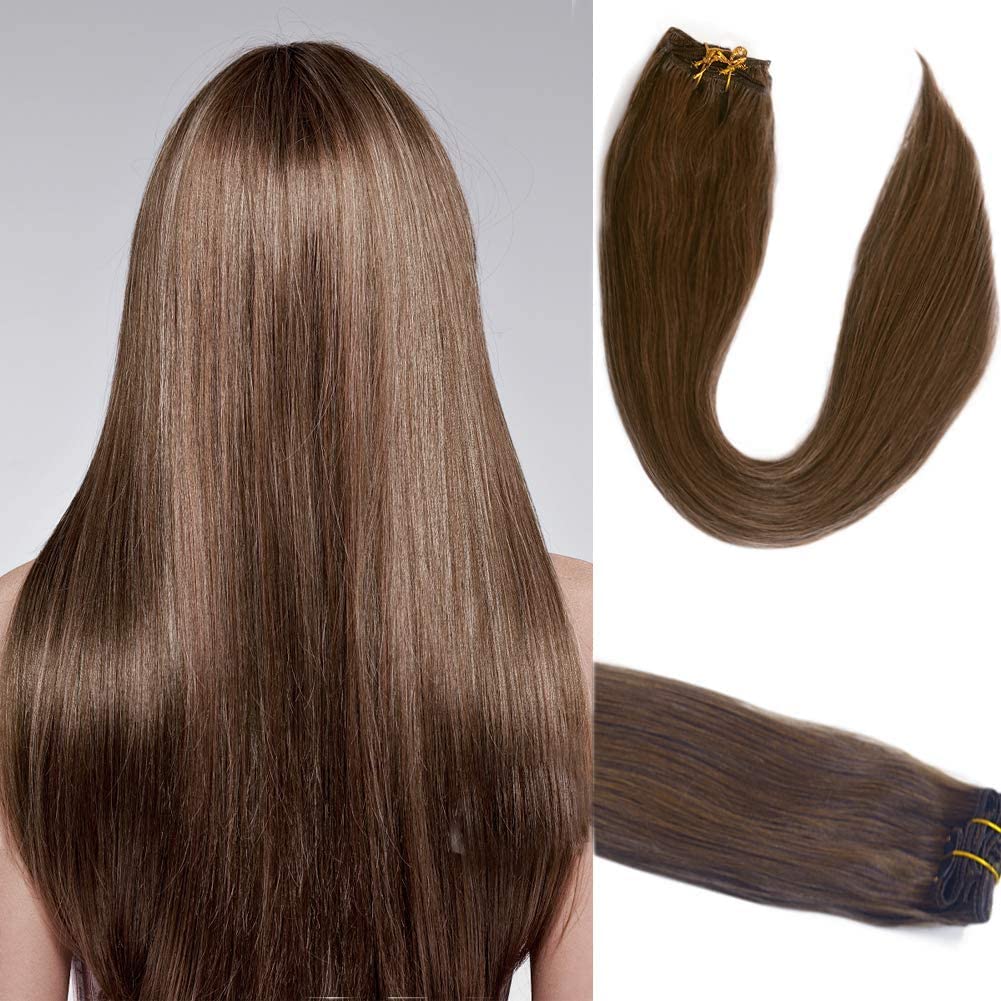 Clip in Hair Extensions Real Human Hair, 22 inch 70g Brown Clip in Hair Extensions Human Hair Straight Human Hair Clip ins Doubl