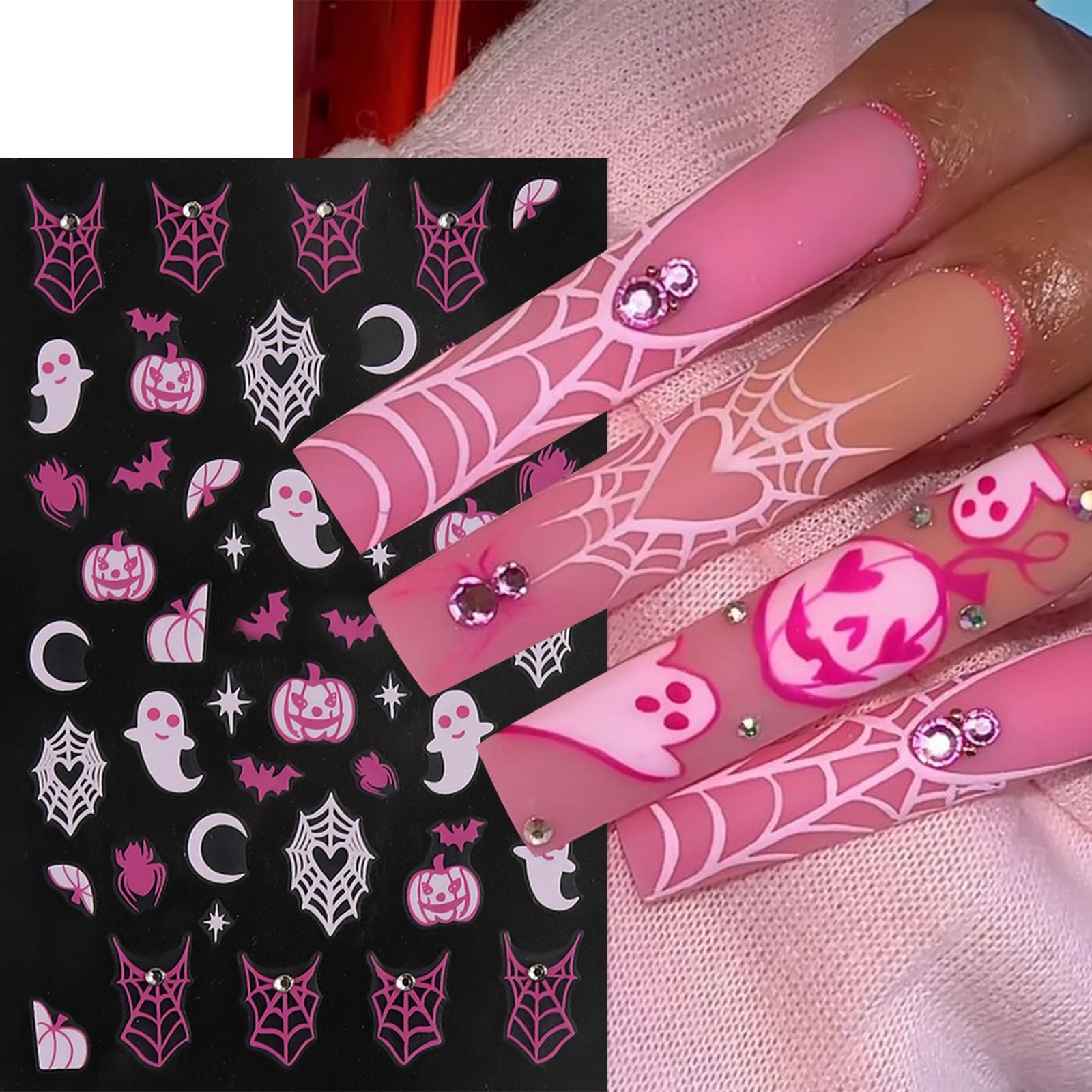 6Pcs Halloween Nail Stickers 3D Self-Adhesive Pink White Ghost Nail Decals Funny Spider Web Nail Art Stickers With Rhinestones N
