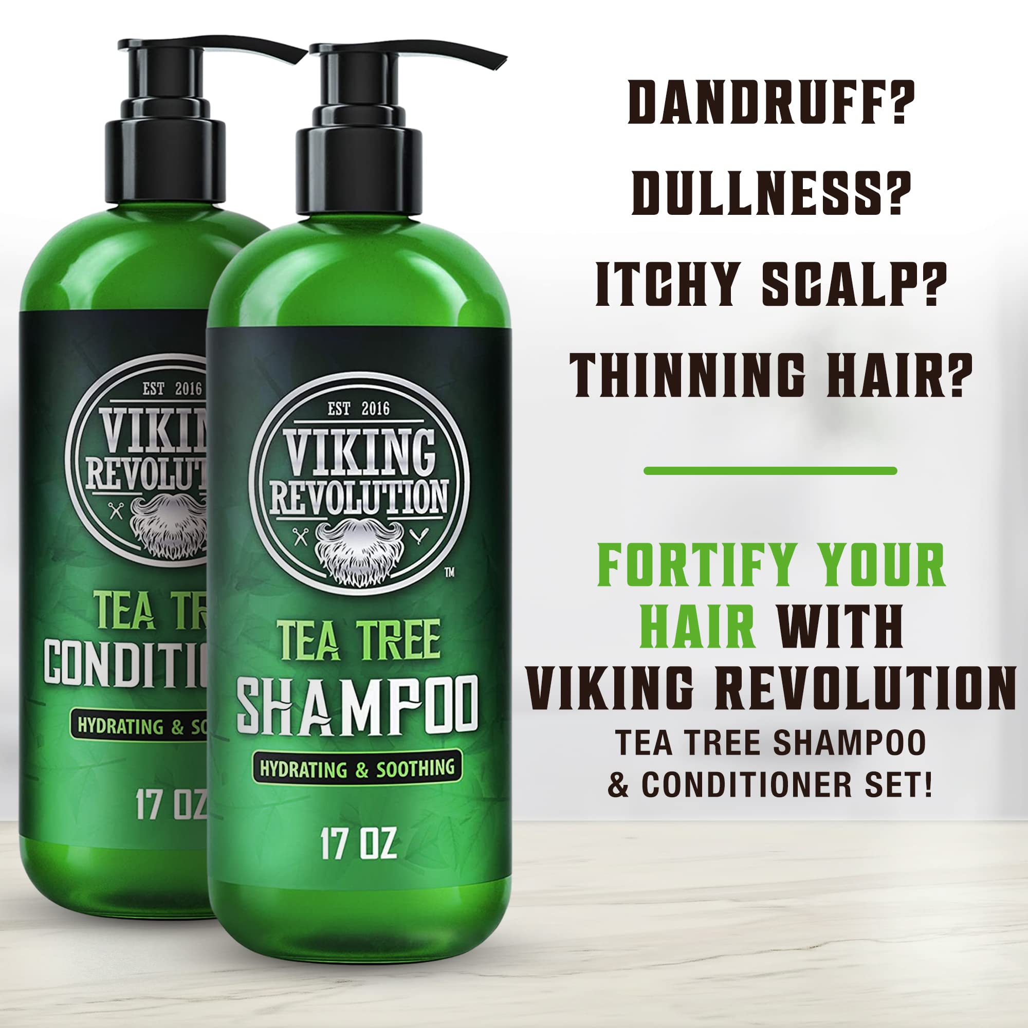 Viking Revolution Tea Tree Shampoo and Conditioner Set - Hydrates, Moisturizes & Soothes Dry and Itchy Scalps - With Natural Tea
