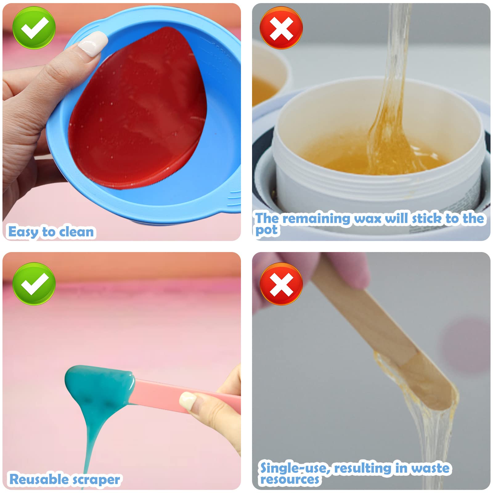 Silicone Wax Warmer Liners With Spatula Sticks - 2 Pcs Non-Stick Reusable Wax Melt Bowls For Hair Removal (Blue, Pink)