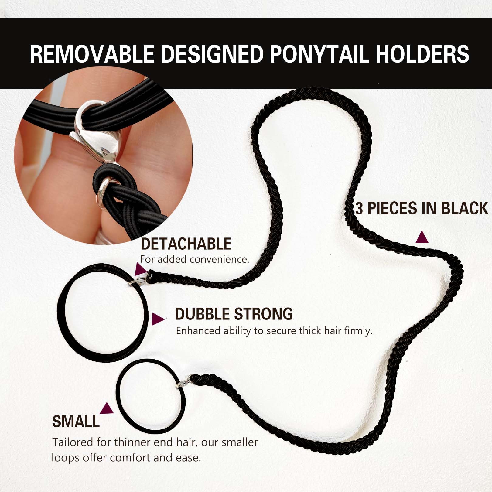 3 Packs 25'' Black Elastic No Damage Hair Ties For Long Thick Hair - Ponytail Holders For Women'S Braided Hair, Water Sport And