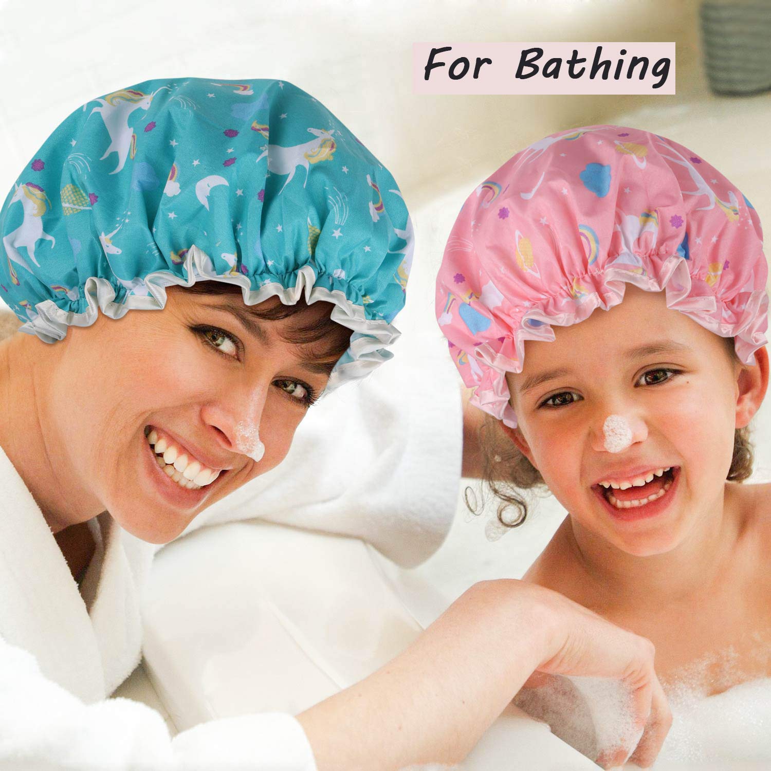 Unicorn Shower Caps, Double Layers Bath Hat For Women To Cover Long And Thick Hair, Reusable Waterproof Bonnet 4 Pack