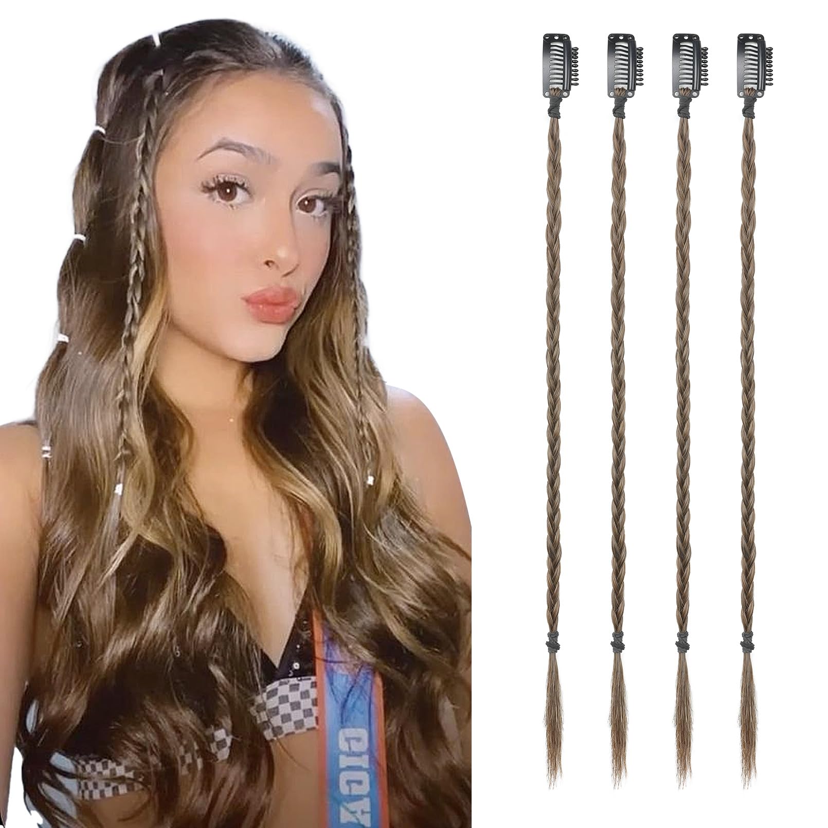 Flufymooz 4PC Braid in Hair Extension 14 Inch Clip in Braid Extensions for Women Synthetic Hairpieces for Daily Use Party Stylin