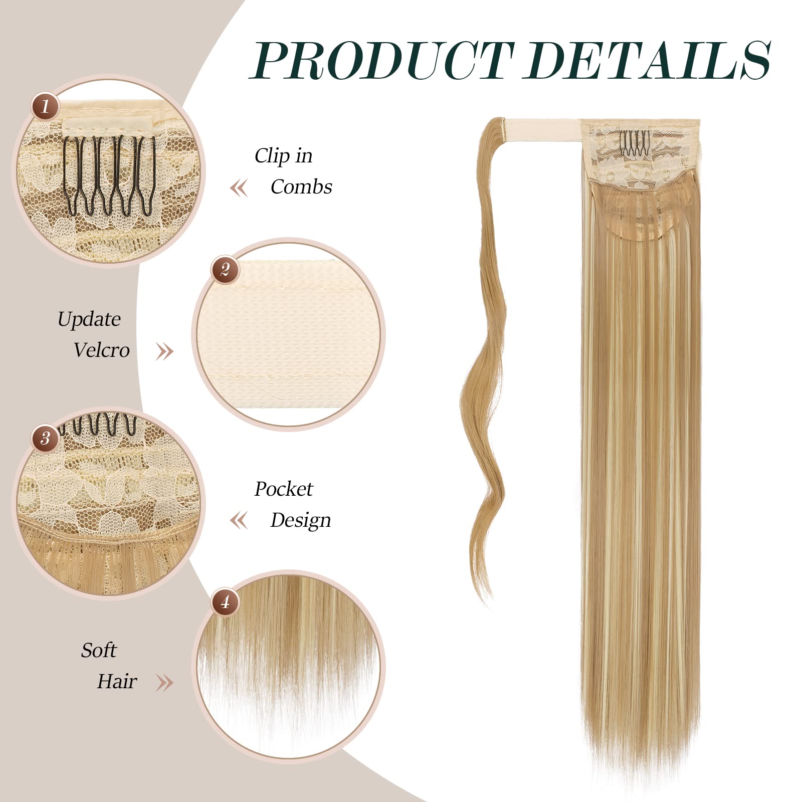 Feshfen Straight Long Ponytail Extensions 28 Inch Wrap Around Synthetic Hair Piece Pony Tail Hair Extensions Hairpieces For Wome