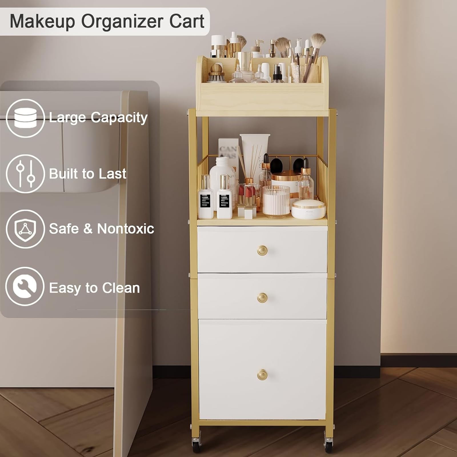 Makeup Organizer Cart with Drawers, Floor Skincare Organizers Make Up Organizers-Vanity Organizer Cosmetic Display Cases Holder