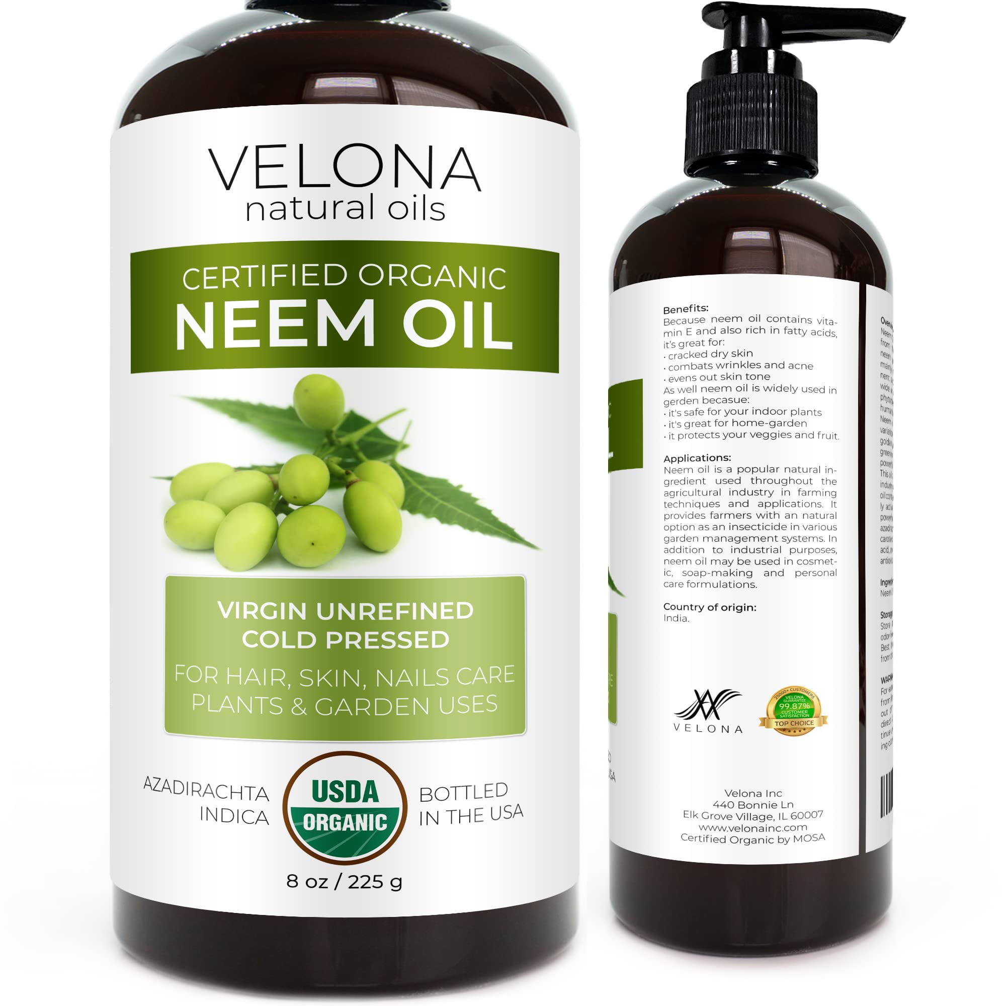 velona Neem Oil USDA Certified Organic - 8 fl oz | 100% Pure and Natural Carrier Oil | Virgin, Unrefined, Cold Pressed | Hair, B