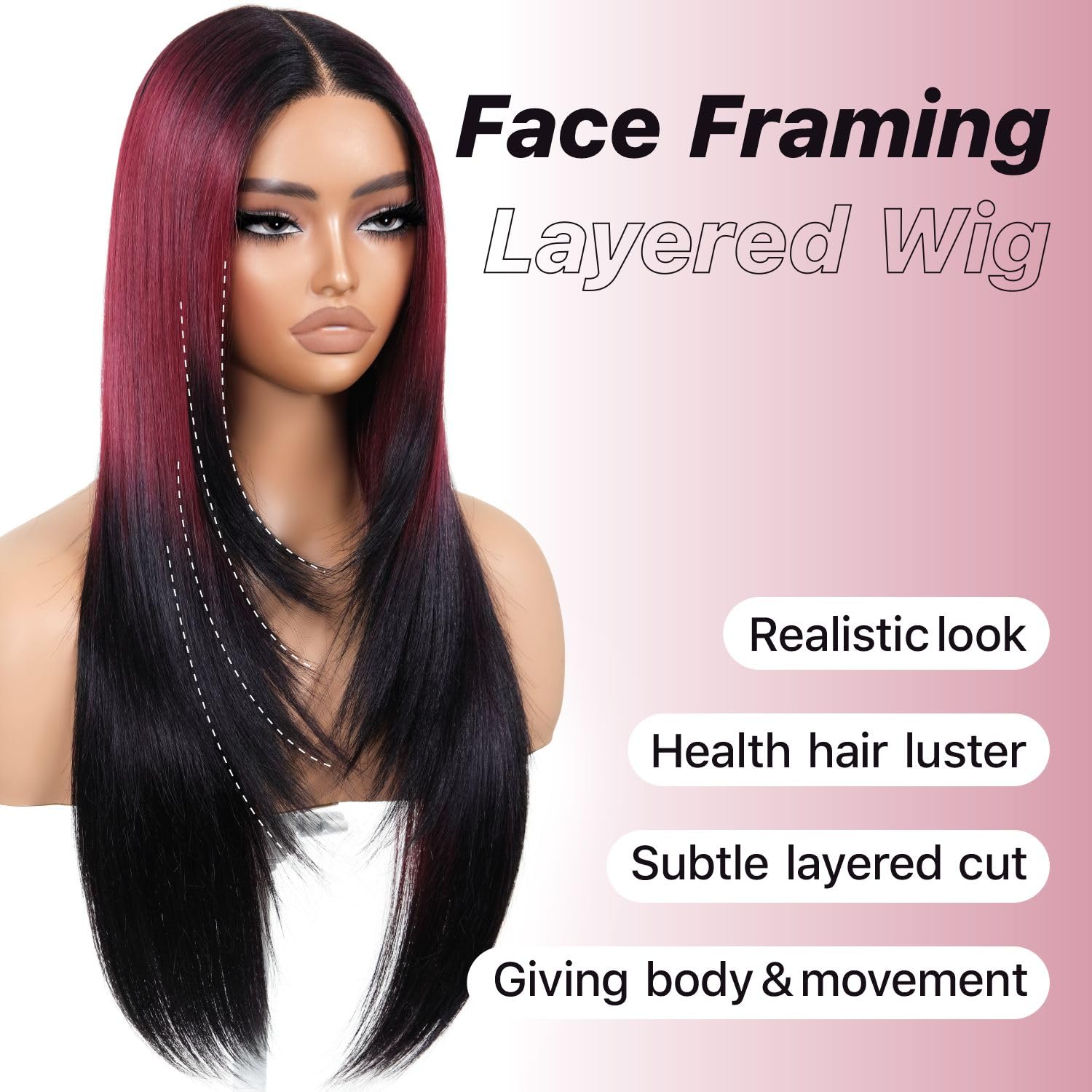 BrownBomb Ombre Red Black Wear and Go Glueless Wigs Pre Plucked Pre Cut for Beginners Synthetic Lace Front Wigs With Bangs Long
