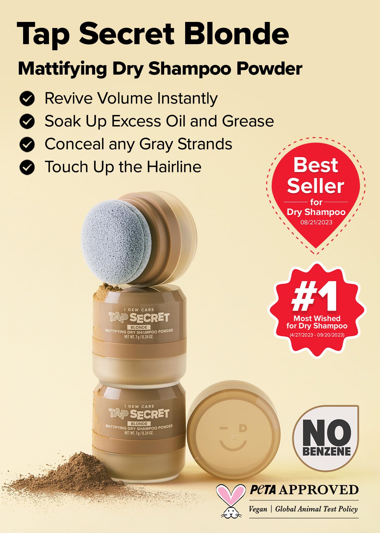 I Dew Care Dry Shampoo Powder - Tap Secret Blonde | With Betaine, Black Ginseng, Non-Aerosol, Benzene-Free, Mattifying Root Boos