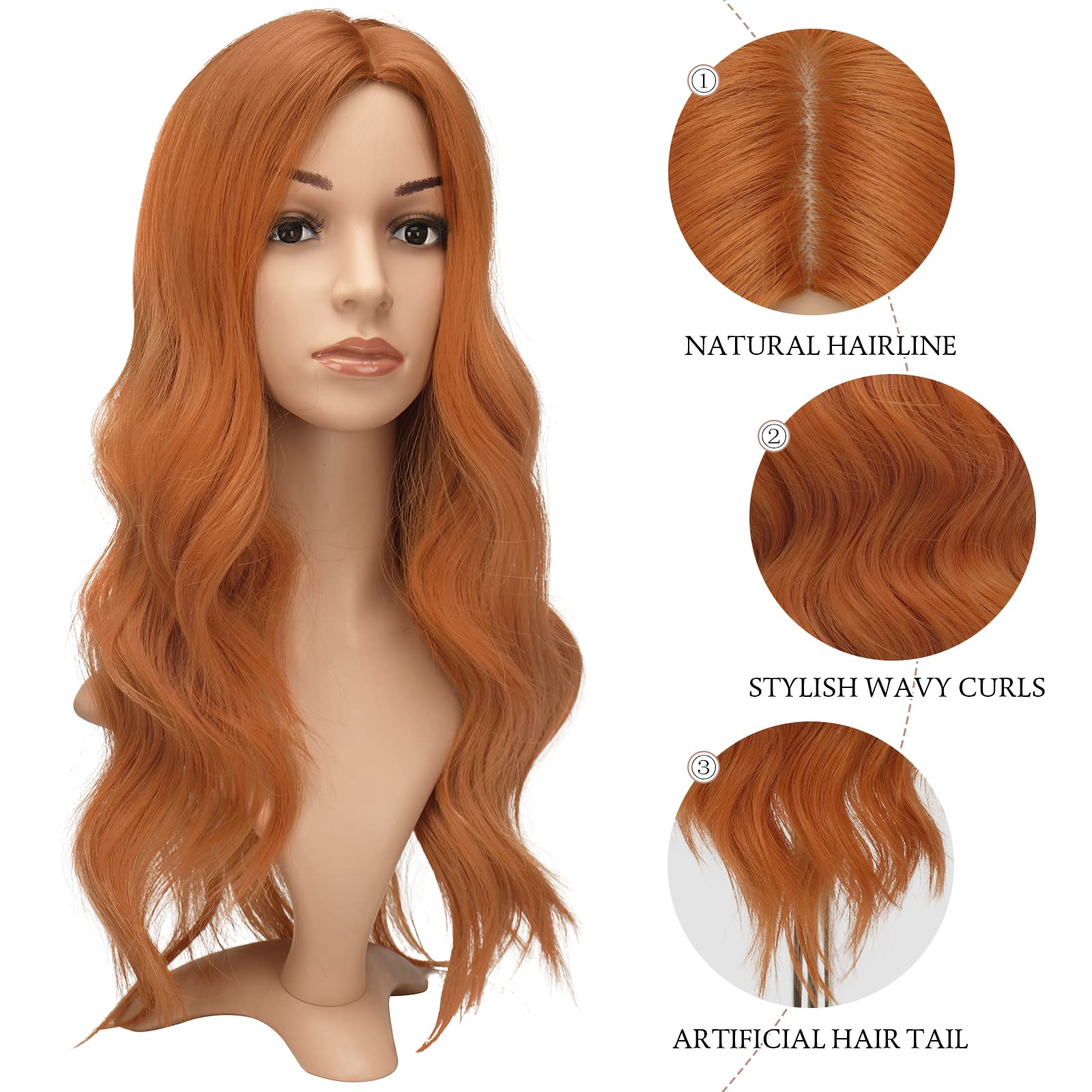 Feshfen Orange Wigs For Women 22 Inch Orange Long Wavy Full Wig Middle Parting Wigs Natural Looking Synthetic Wig For Daily Part