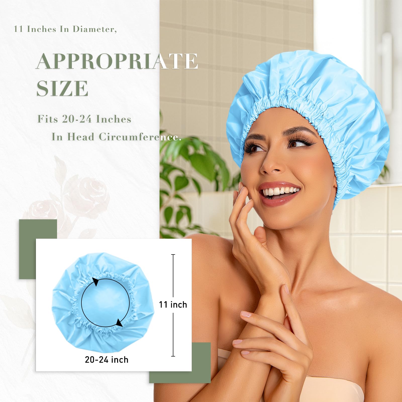 Reusable Shower Cap For Women, Large Waterproof Shower Bonnet Washable Elastic Band Bath Hair Hat For Long Hair, Braids(Light Bl