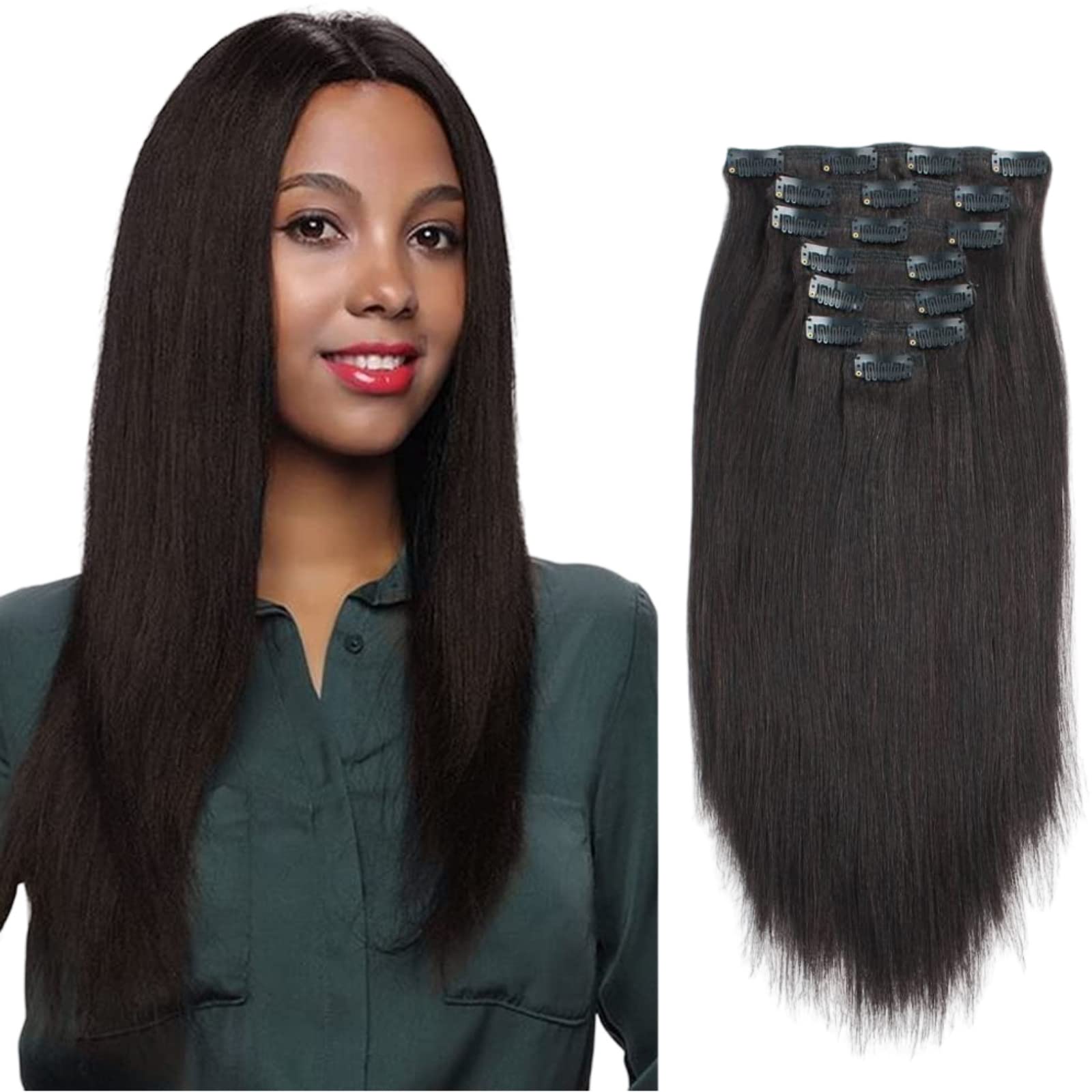 ABH AmazingBeauty Hair Real Remy Thick Yaki Straight Clip Ins Black Hair Extensions for African American Relaxed Hair 7 Pieces 1