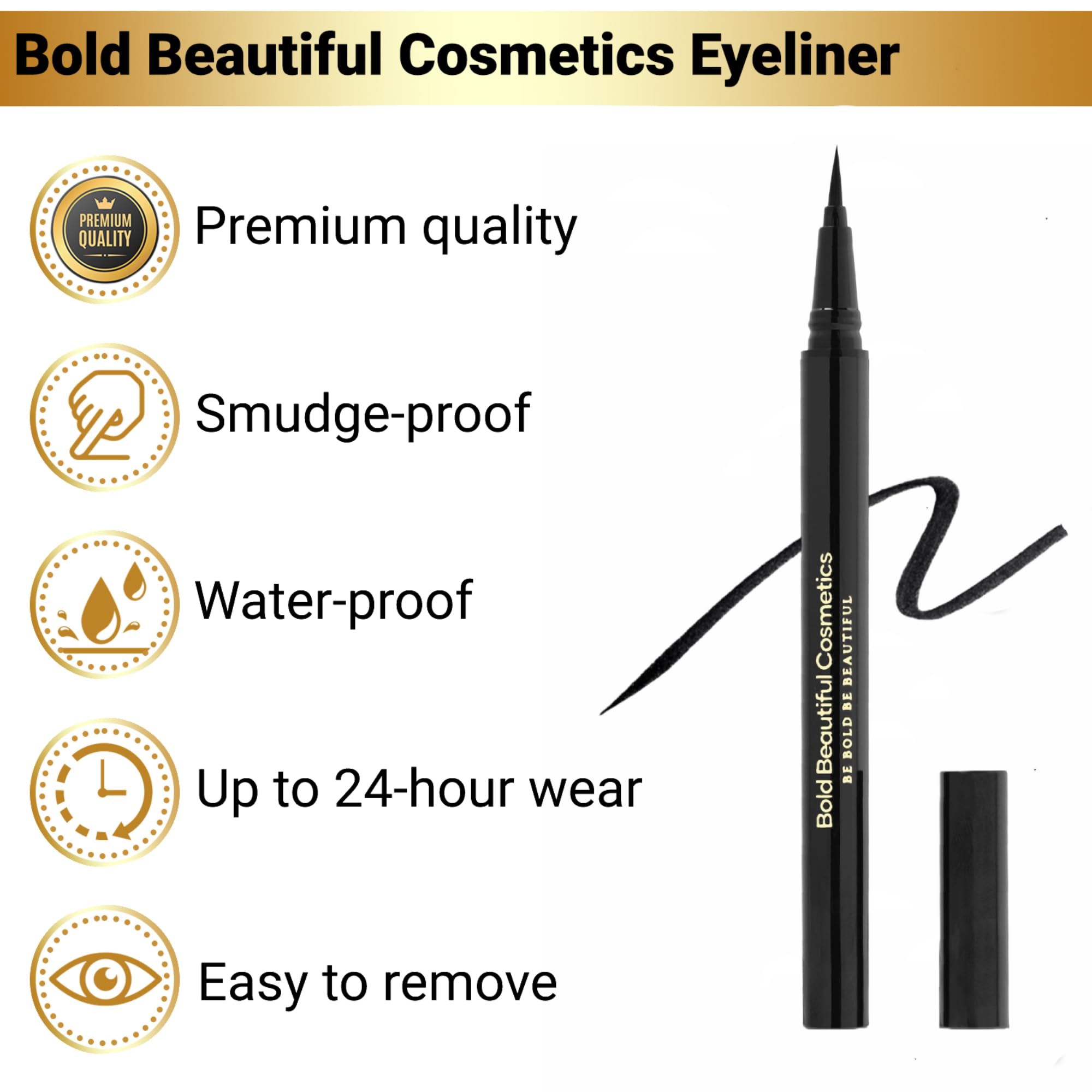 Bold Beautiful Cosmetics Liquid Eyeliner Pen Waterproof Smudge Proof All Day Eyeliner Black 1 Count