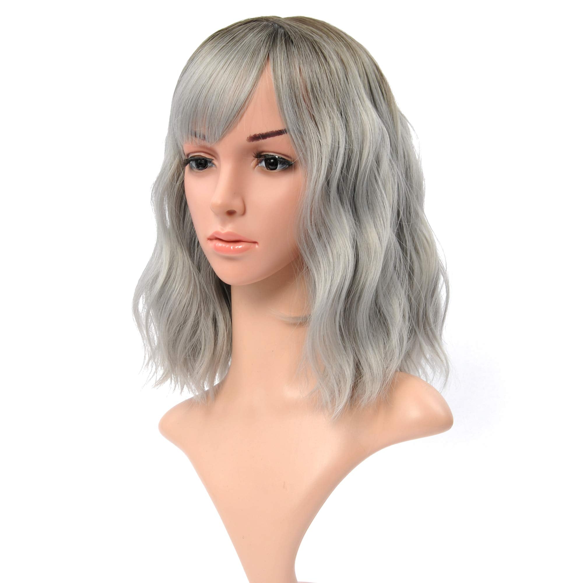 VCKOVCKO Ombre Color Natural Wavy Wig With Air Bangs Black to Gray Colorful Short Bob Wigs for Womens Shoulder Length Wigs Curl