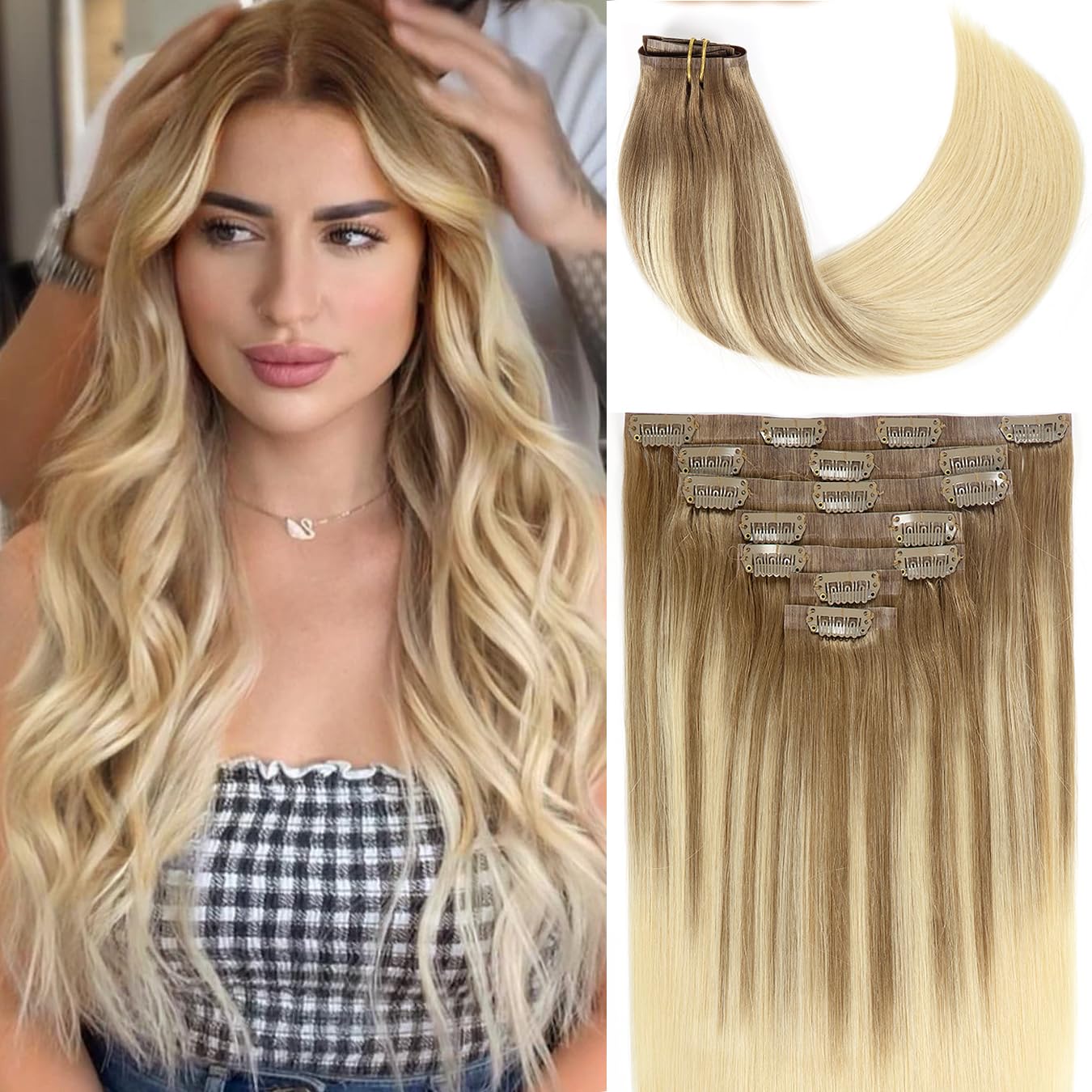 Loxxy Hair Extensions Clip in Human Hair Seamless Clip in Human Hair 14inch Light Brown Fading To Platinum Blonde Balayage Clip 
