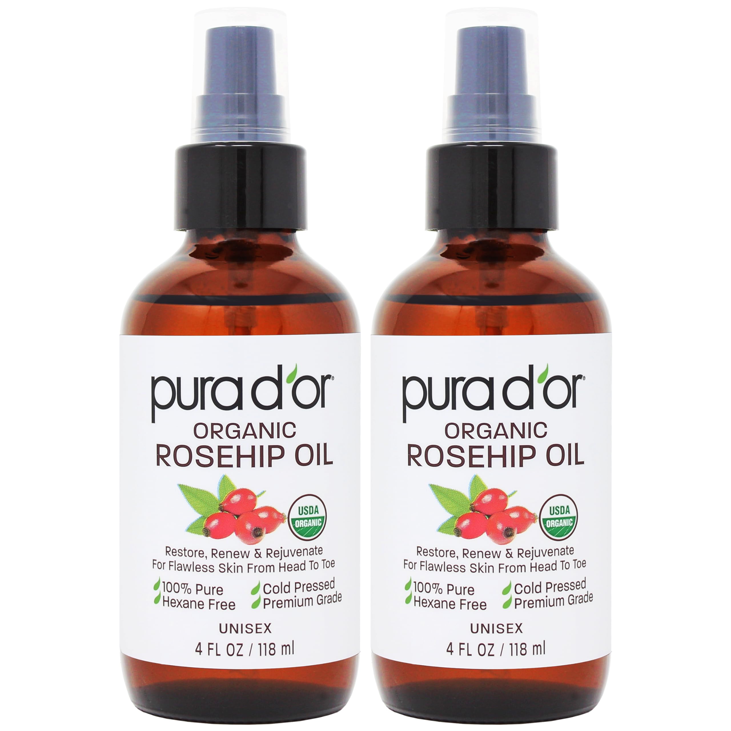 PURA D'OR ORGANIC Rosehip Seed Oil Hair Relaxer (4 Oz x2 = 8 Oz) 100% Pure Cold Pressed USDA Certified All Natural Anti-Aging, S