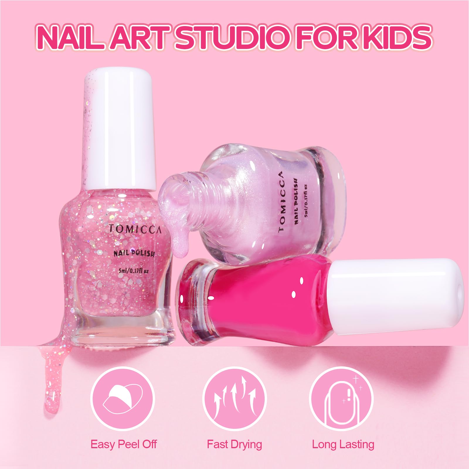Tomicca Kids Nail Polish - 10 Colors Quick Dry Nail Polish, Peel Off Water Based Rainbow Nail Polish, Kids Natural Safe Non Toxi