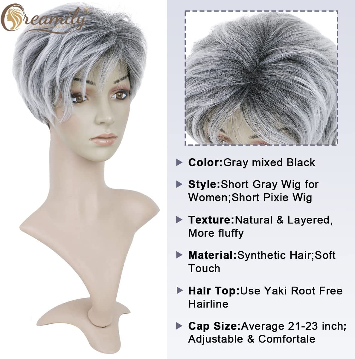 Creamily Short Grey Wig with Bangs - Natural Fluffy Synthetic Hair for Women, Gray Hair Replacement, Ideal for Over 60